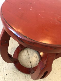 Cinnabar Red Chinese Carved Wood Garden Seat End Table Side or Drinks Table