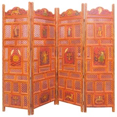 Cinnabar Red Indian Folding Screen with Painted Shells and Animal Deities