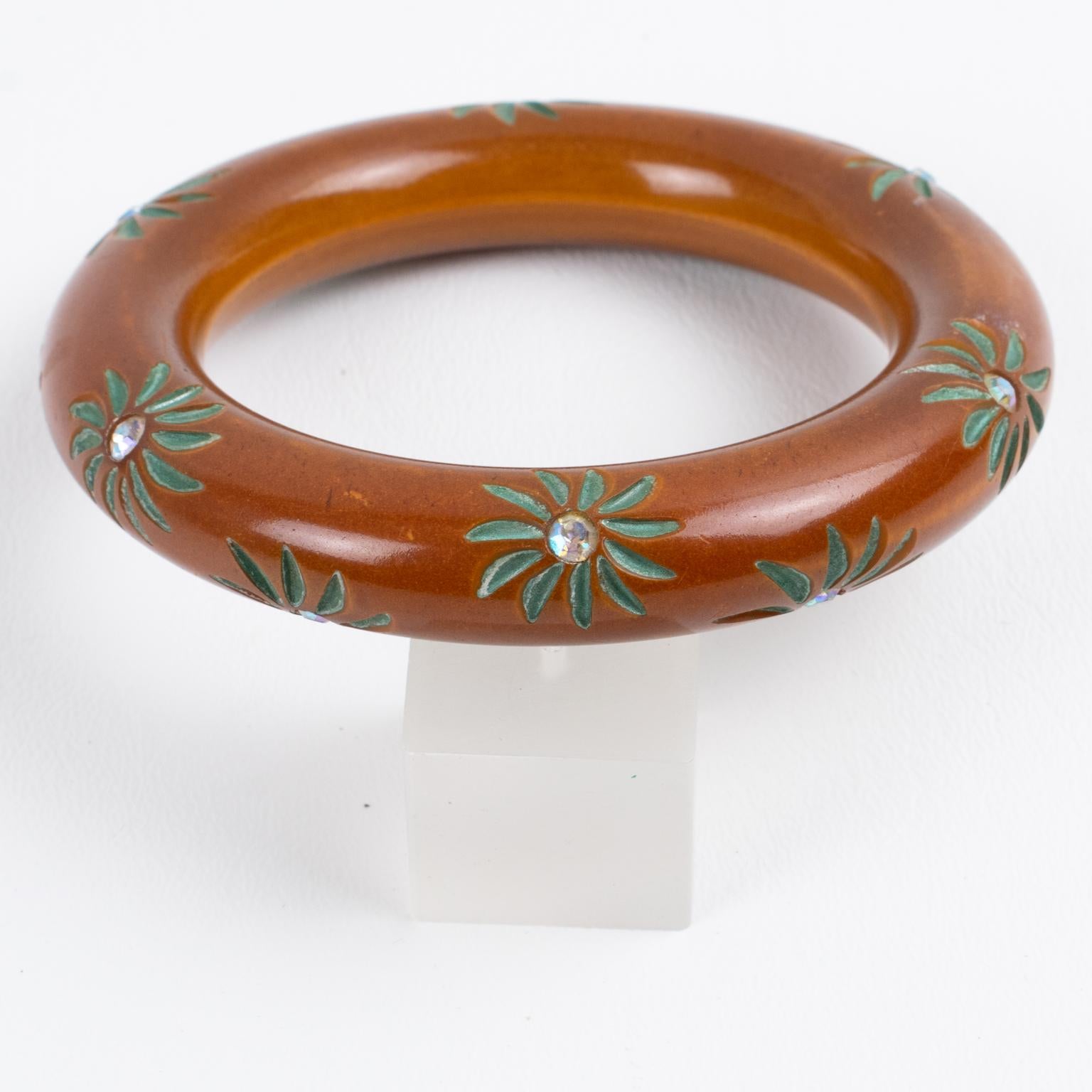 Art Deco Cinnamon Brown Bakelite Carved Bracelet Bangle with AB Crystal Flowers For Sale