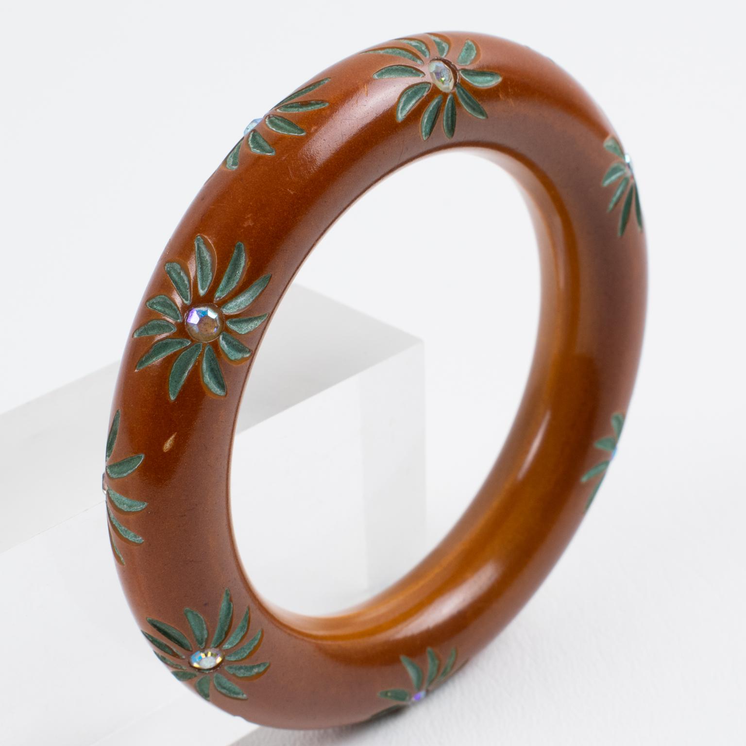 Cinnamon Brown Bakelite Carved Bracelet Bangle with AB Crystal Flowers In Excellent Condition For Sale In Atlanta, GA