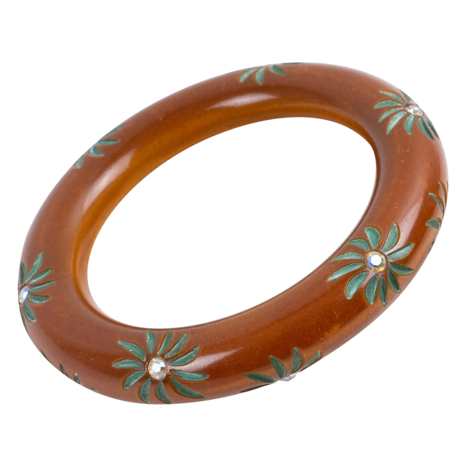 Cinnamon Brown Bakelite Carved Bracelet Bangle with AB Crystal Flowers For Sale