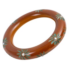 Bracelet en bakélite sculpté avec fleurs en cristal AB, brun cannelle Brown