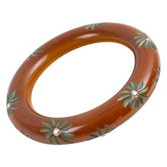 Vintage Cinnamon Brown Bakelite Carved Bracelet Bangle with AB Crystal Flowers