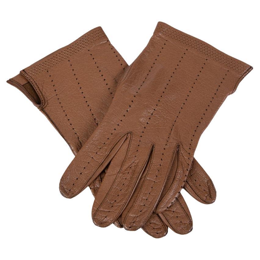 Cinnamon Brown Smooth Leather Gloves with Perforation Detailing,  1960s/1970s For Sale at 1stDibs