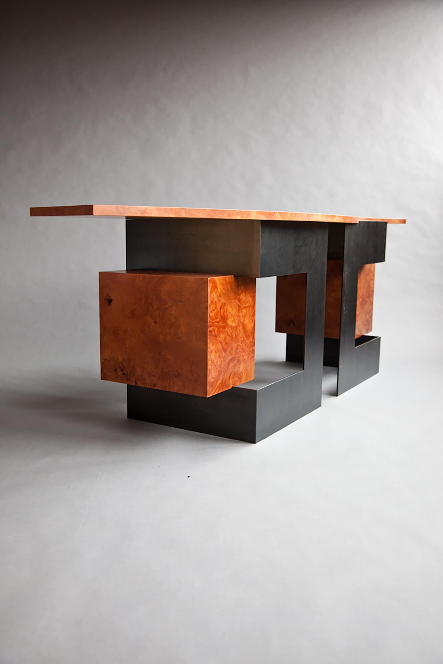 Cinnamon desk in wood veneer burl and blackened steel by Adam Bentz For Sale 3