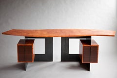 Cinnamon desk in wood veneer burl and blackened steel by Adam Bentz