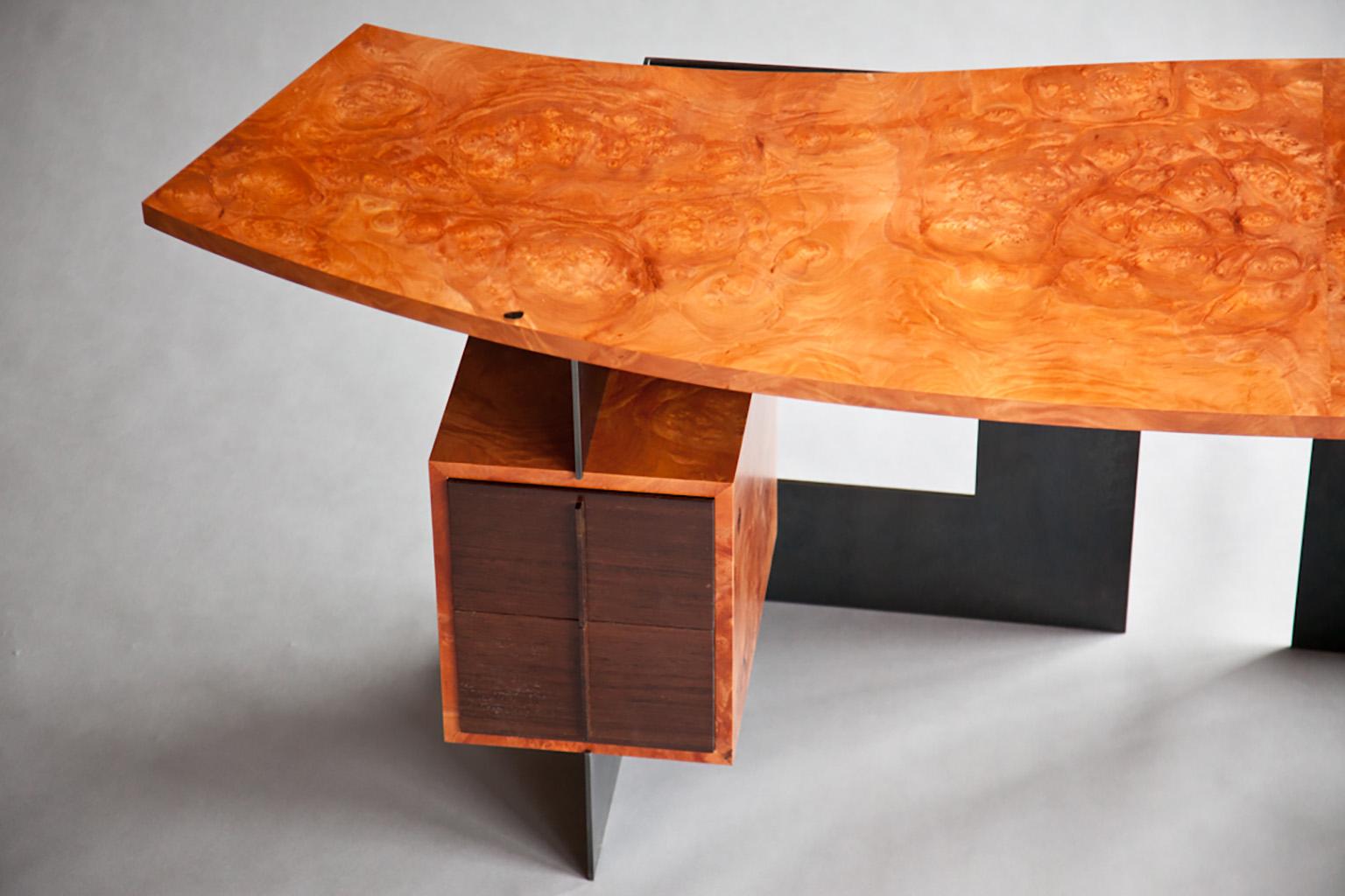 American Cinnamon desk in wood veneer burl and blackened steel by Adam Bentz For Sale