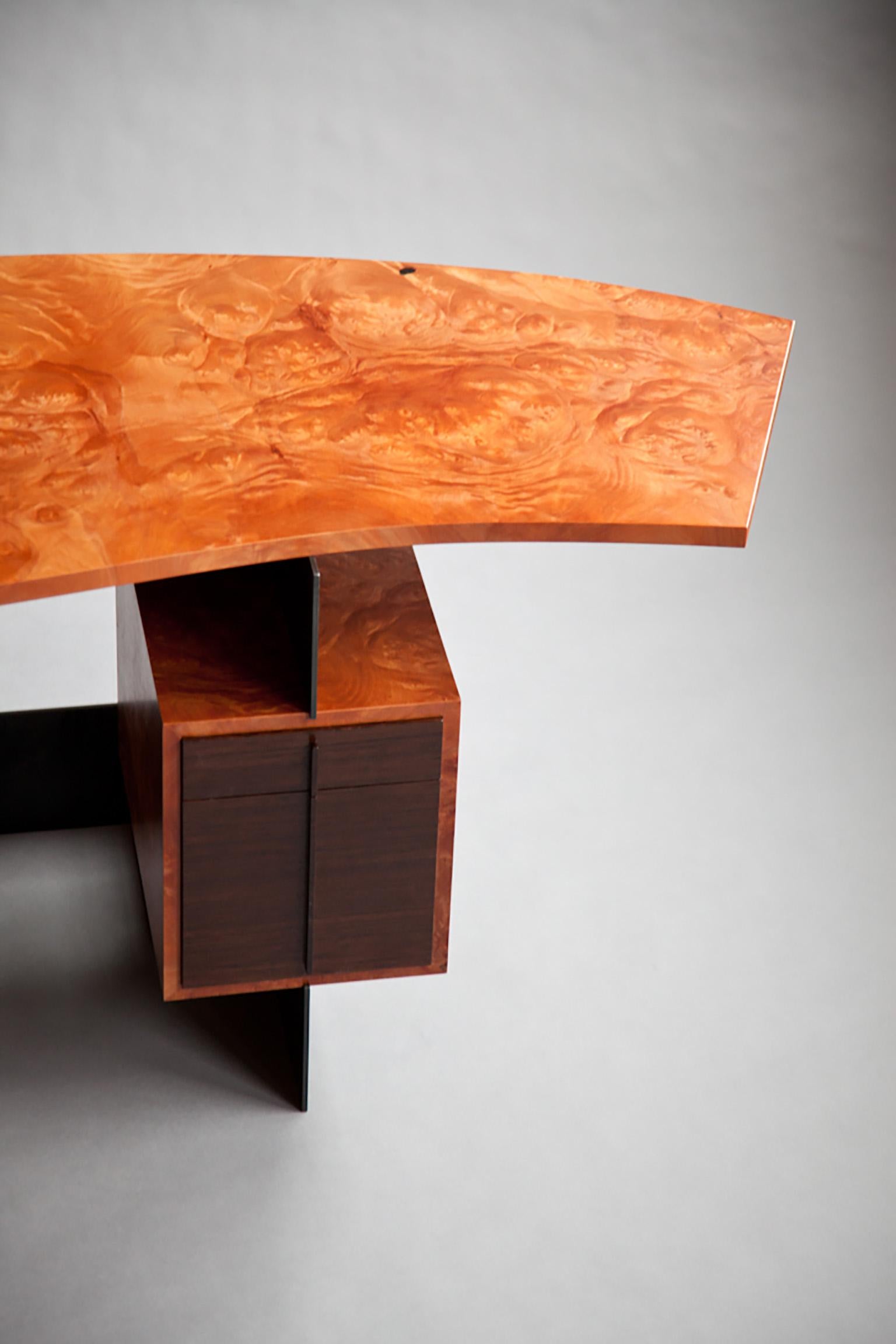 Blackened Cinnamon desk in wood veneer burl and blackened steel by Adam Bentz For Sale