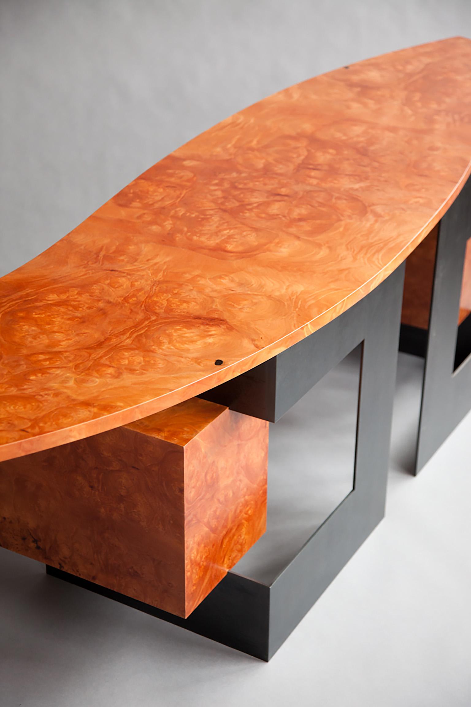Cinnamon desk in wood veneer burl and blackened steel by Adam Bentz In Excellent Condition For Sale In Seattle, WA