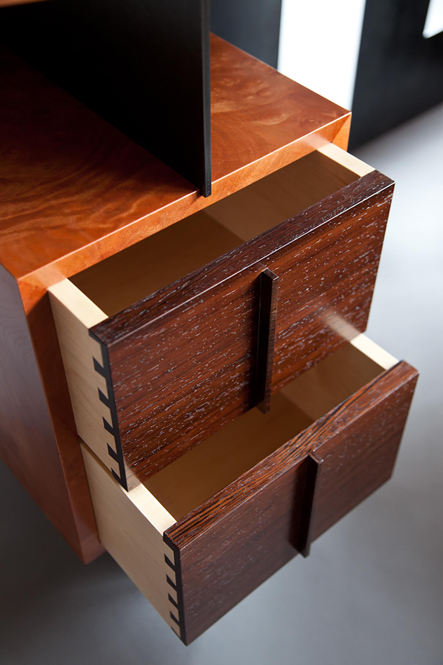 Contemporary Cinnamon desk in wood veneer burl and blackened steel by Adam Bentz For Sale