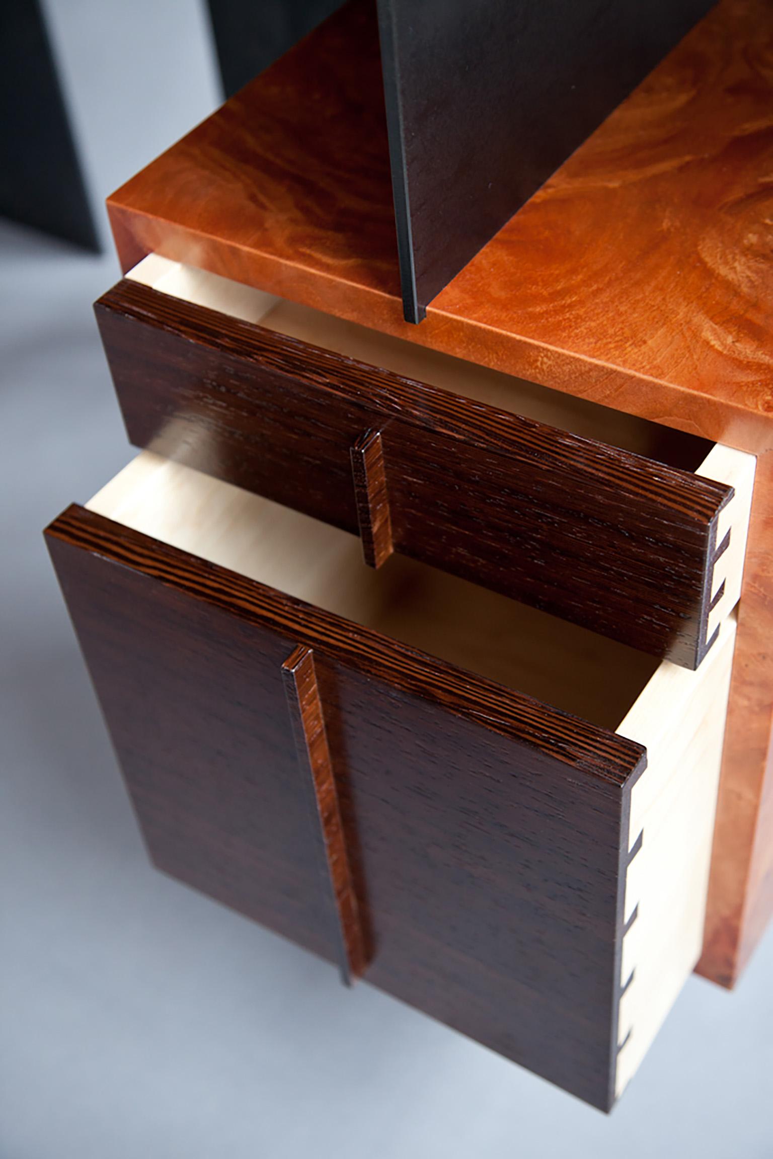 Steel Cinnamon desk in wood veneer burl and blackened steel by Adam Bentz For Sale