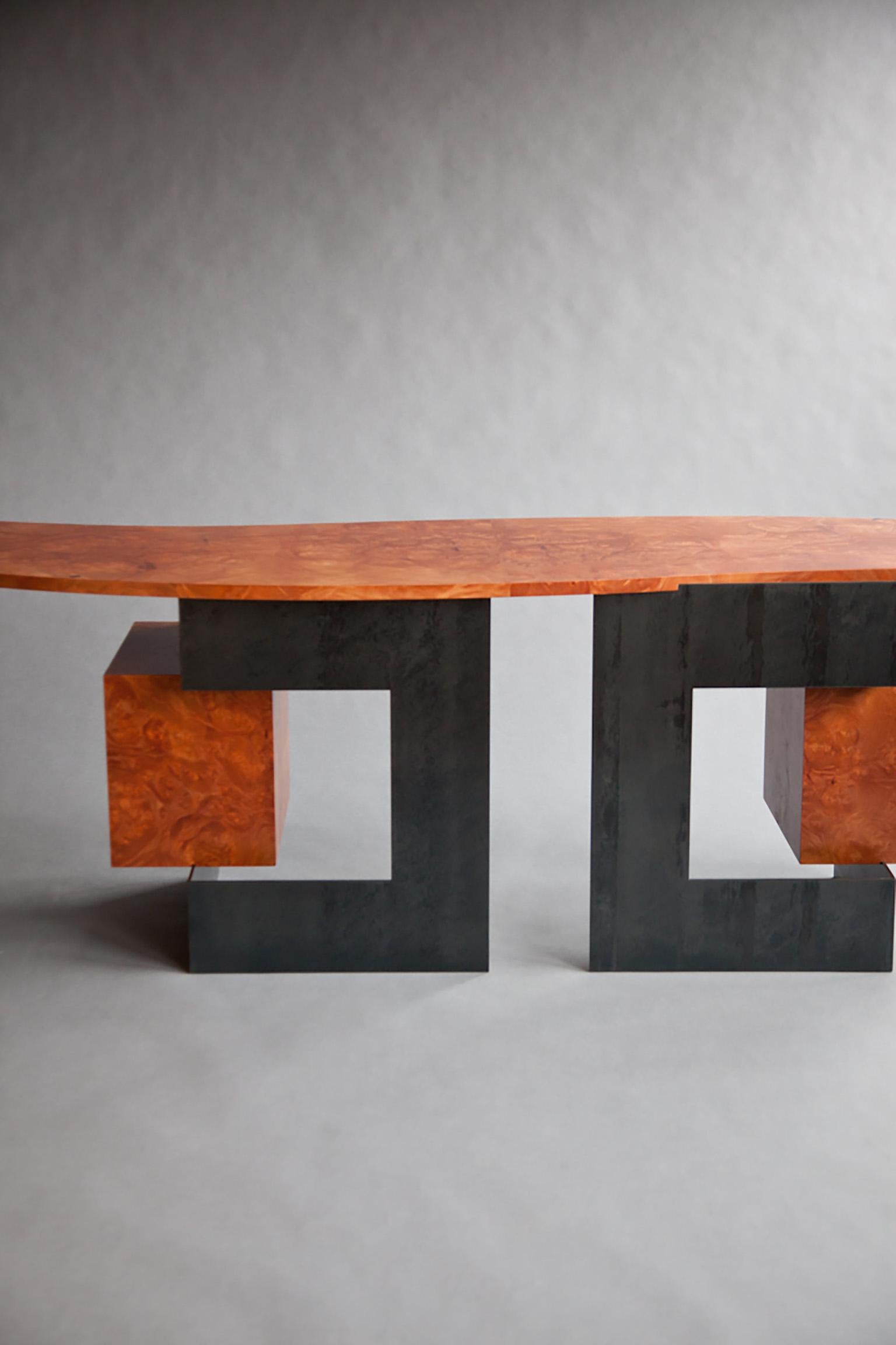 Cinnamon desk in wood veneer burl and blackened steel by Adam Bentz For Sale 1