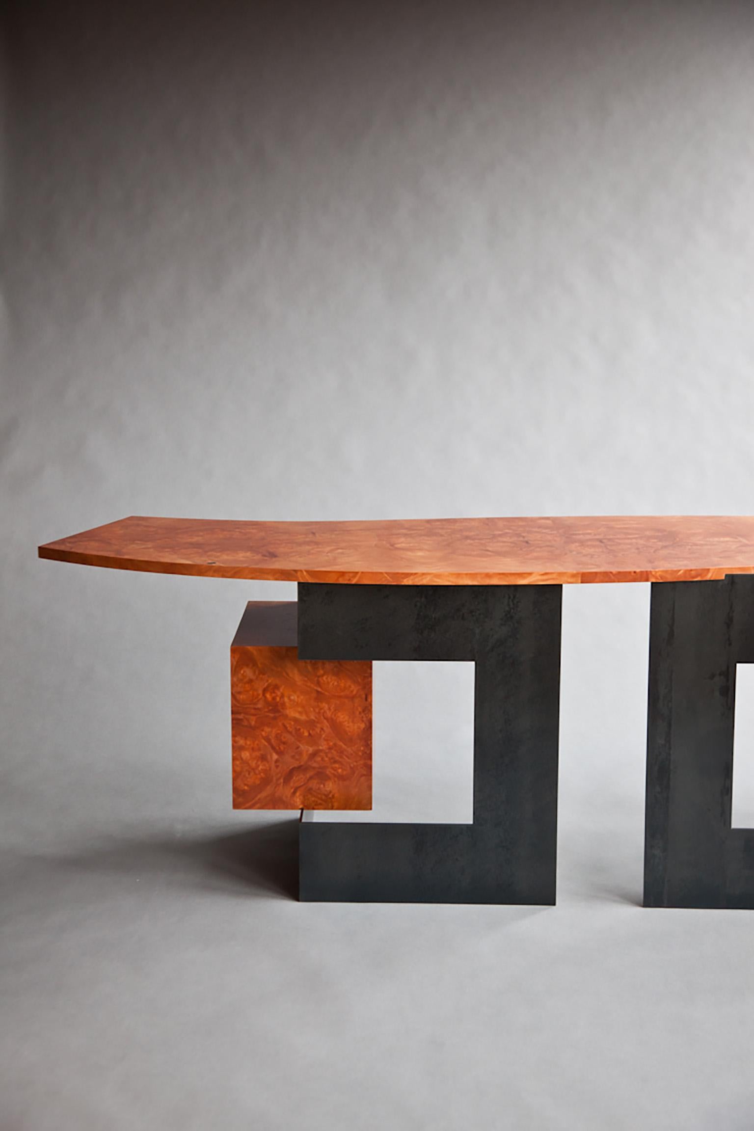 Cinnamon desk in wood veneer burl and blackened steel by Adam Bentz For Sale 2