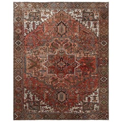 Cinnamon Red Persian Heriz Old Distressed Pure Wool Tea Wash Hand Knotted Rug