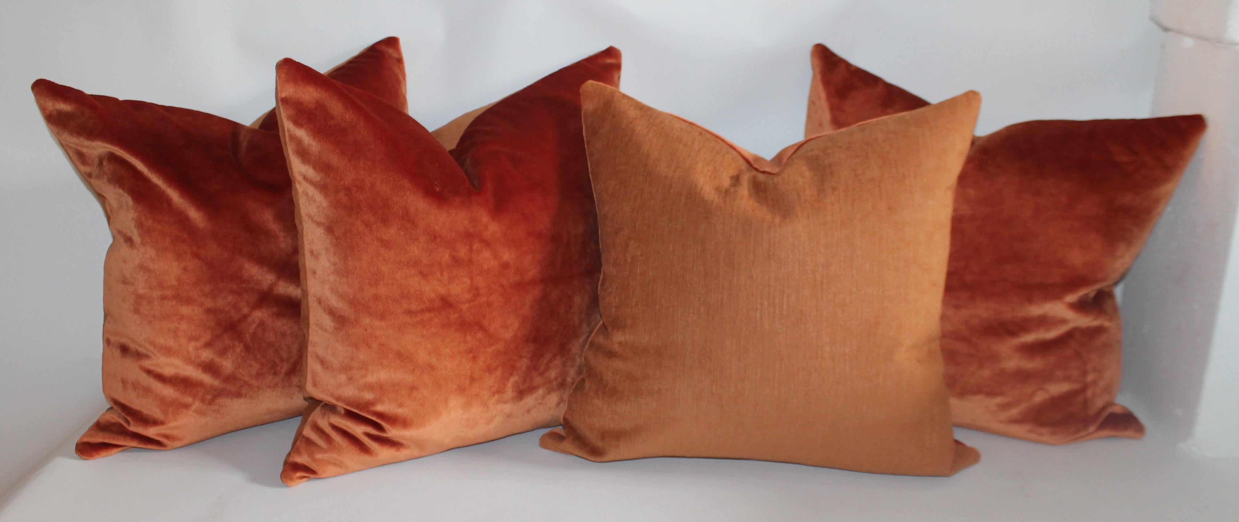 These amazing cinnamon velvet pillows are so smooth and silky with a ridged cotton linen backings. Sold as a group of four or two pairs.