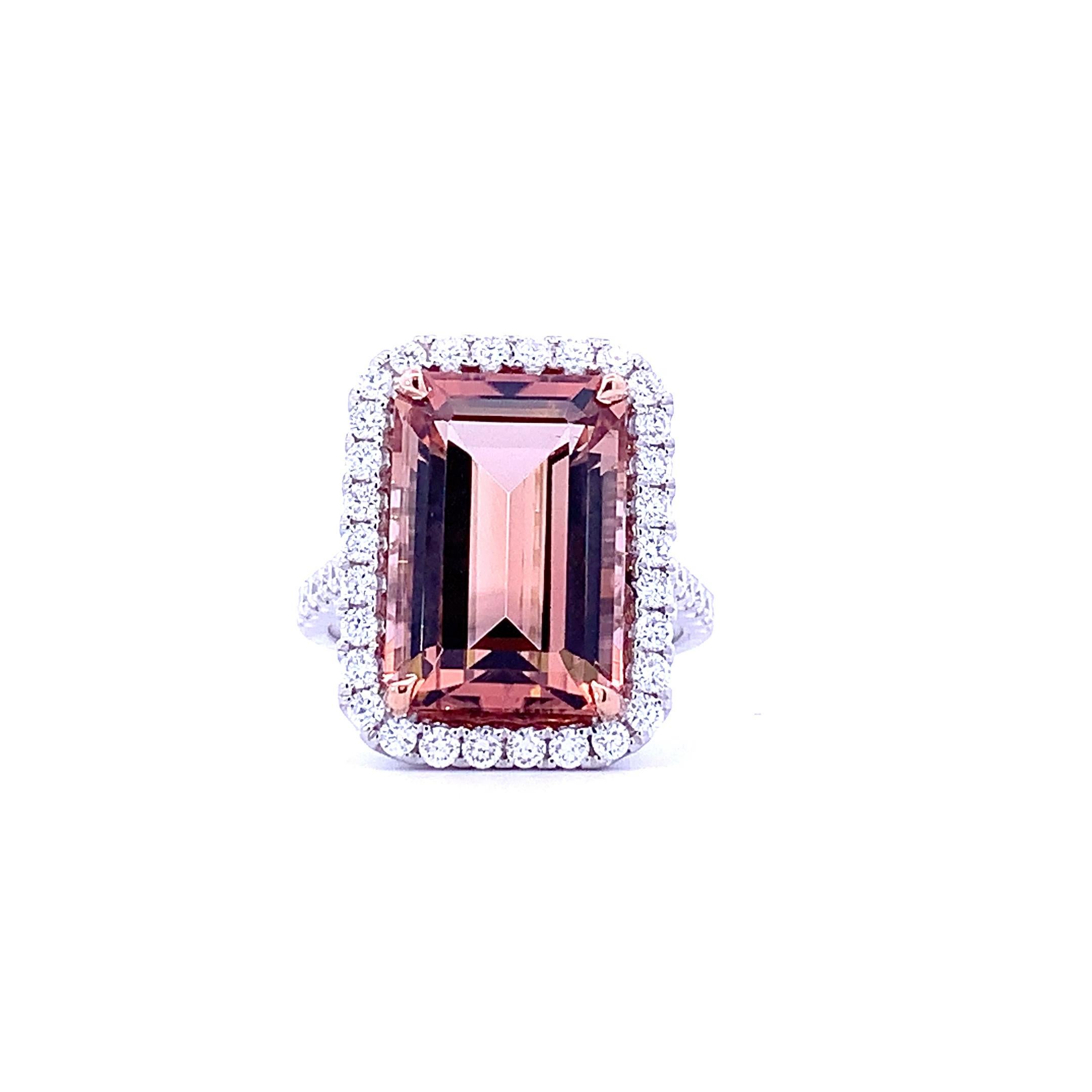 This stunning Cinnamon Tourmaline Halo Ring from the Vendome Collection is a beautiful statement piece. Crafted in 18k White Gold, it features a 9.63 Carat Emerald Cut Pink Tourmaline, surrounded by 0.90 carat of Diamonds. It is the perfect piece to