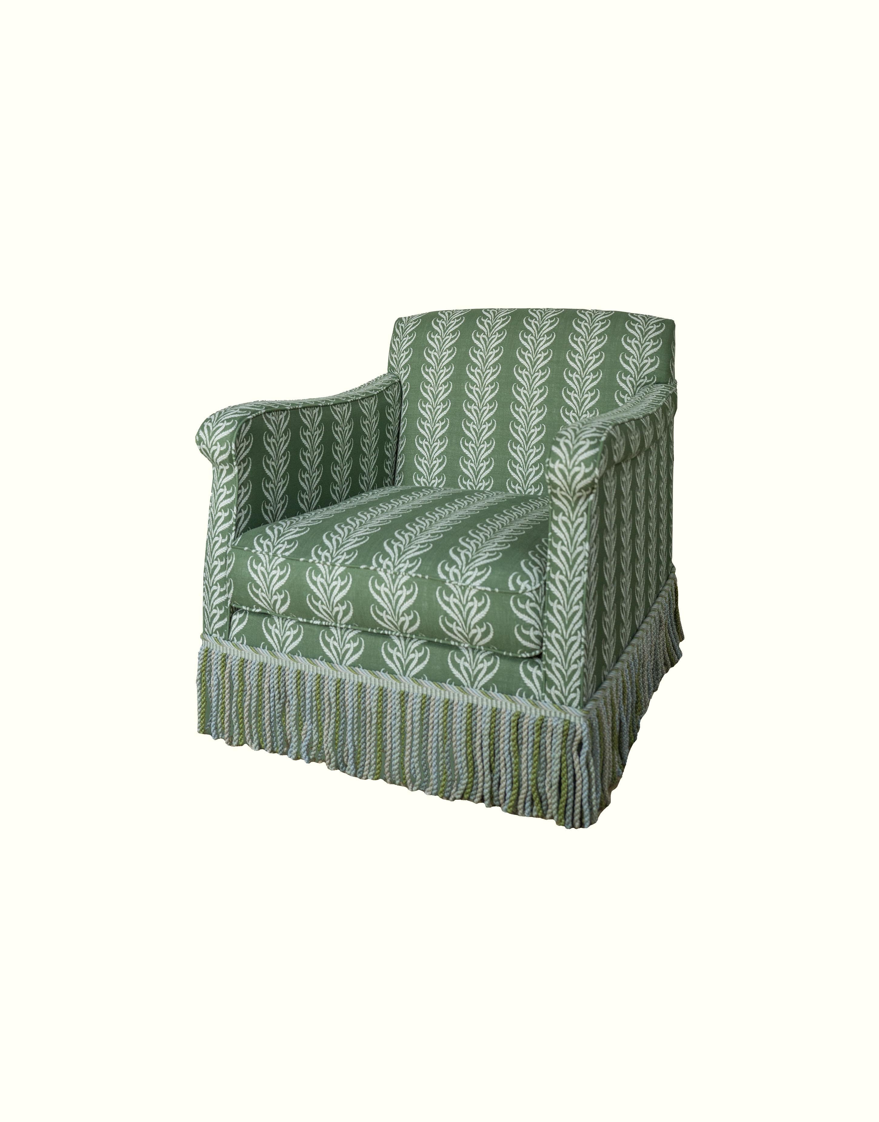 Contemporary CINNY Reupholstered Armchair in Leafy Stripe Lorcan Reverse Banana Palm For Sale