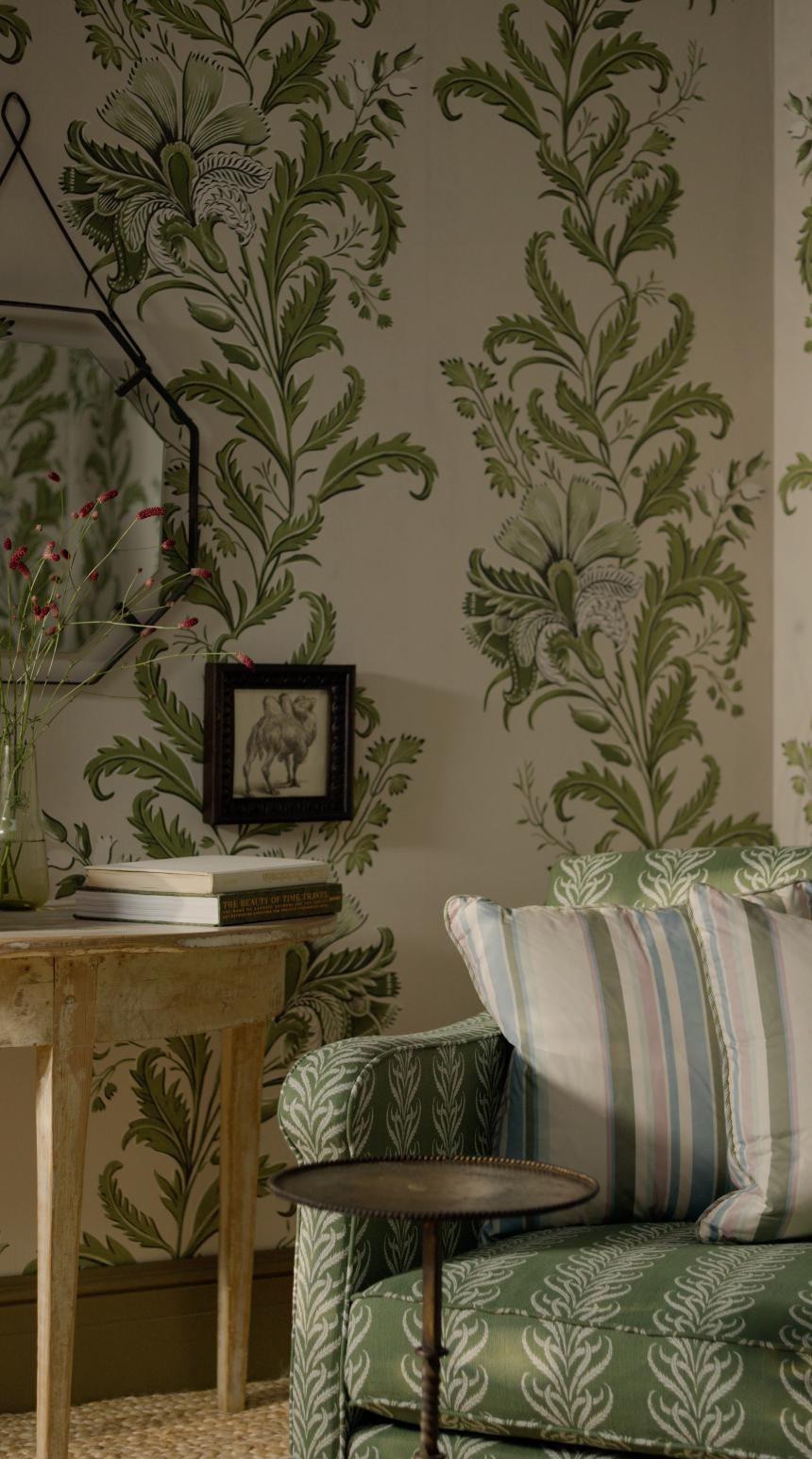 Linen CINNY Reupholstered Armchair in Leafy Stripe Lorcan Reverse Banana Palm For Sale