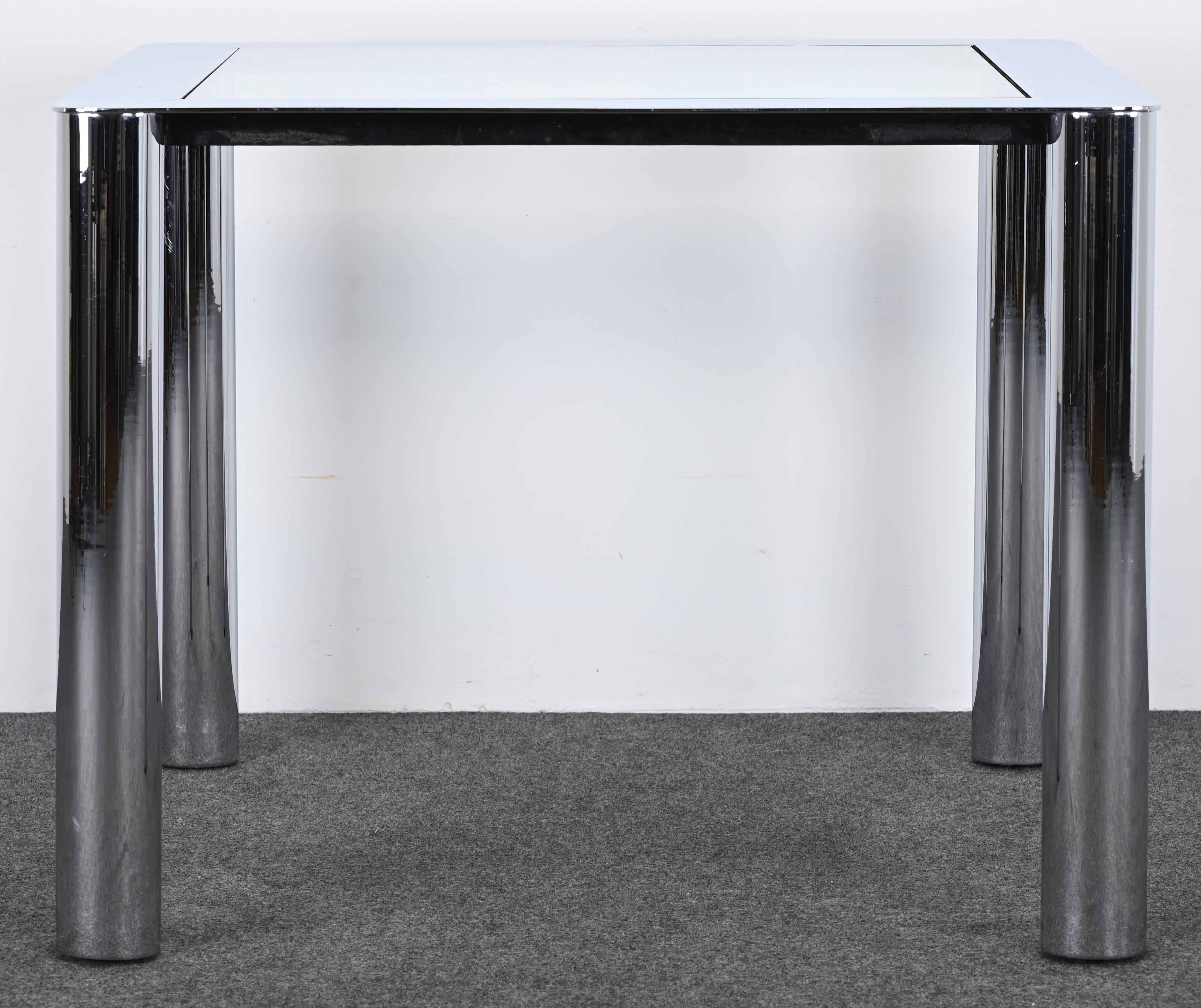 An impressive chrome designer card table by Sergio Mazza & Grimigna, circa 1970. This iconic designer is well known for mid-century modern lighting designs and we have never owned a piece of furniture like this before by this maker. Nice size