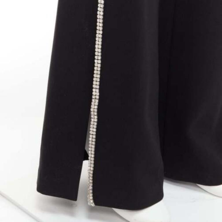 Black CINQ A SEPT clear strass crystal trim black high waisted flare slit pants US0 XS For Sale