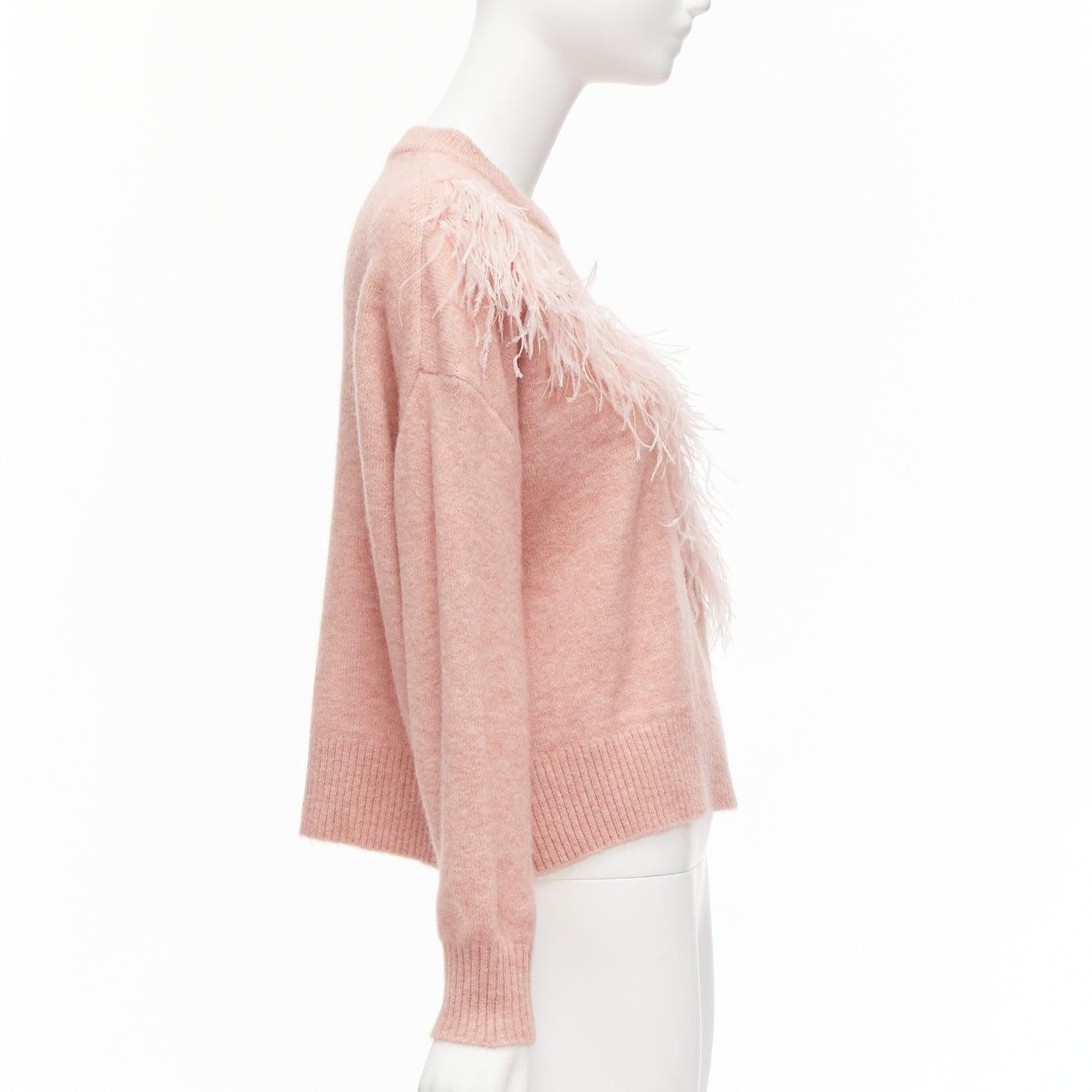 CINQ A SEPT Merritt blush pink feather trimmed wool blend cropped sweater XS In Excellent Condition For Sale In Hong Kong, NT
