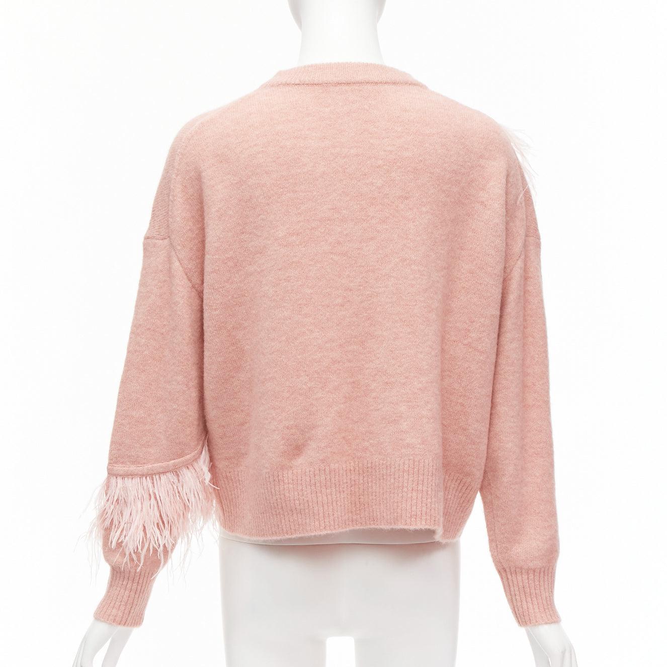 Women's CINQ A SEPT Merritt blush pink feather trimmed wool blend cropped sweater XS For Sale