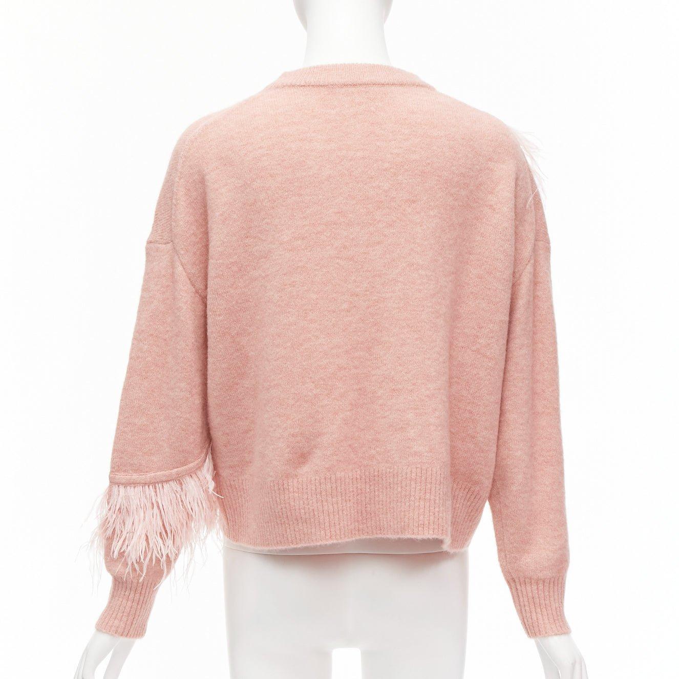 Women's CINQ A SEPT Merritt blush pink feather trimmed wool blend cropped sweater XS