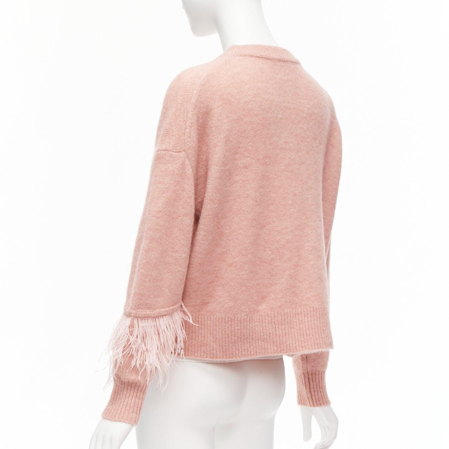 CINQ A SEPT Merritt blush pink feather trimmed wool blend cropped sweater XS 1