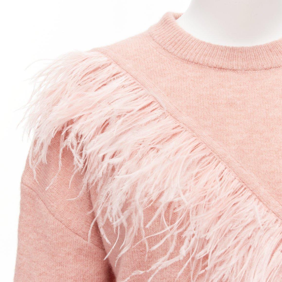 CINQ A SEPT Merritt blush pink feather trimmed wool blend cropped sweater XS 2