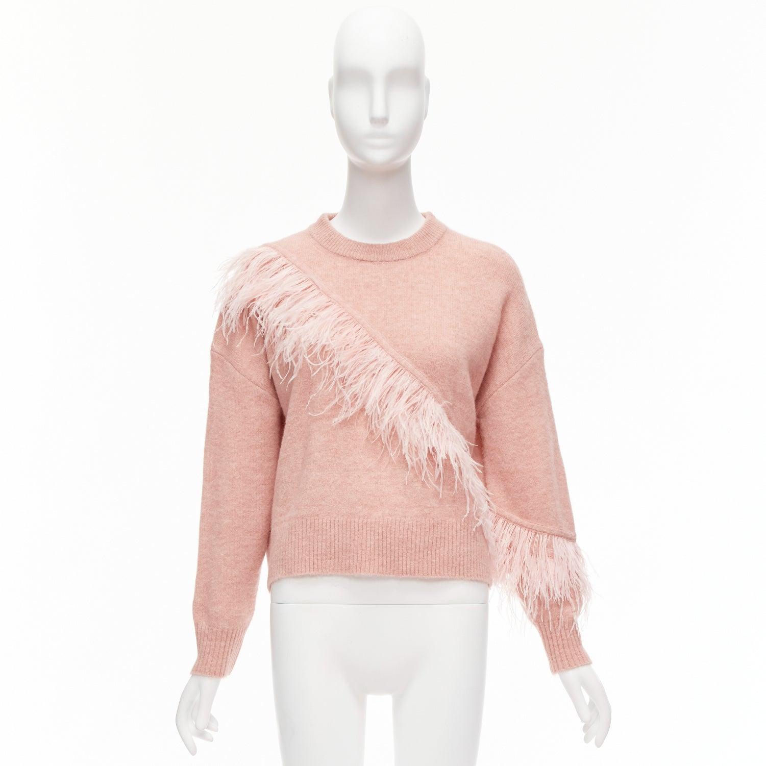 CINQ A SEPT Merritt blush pink feather trimmed wool blend cropped sweater XS 4