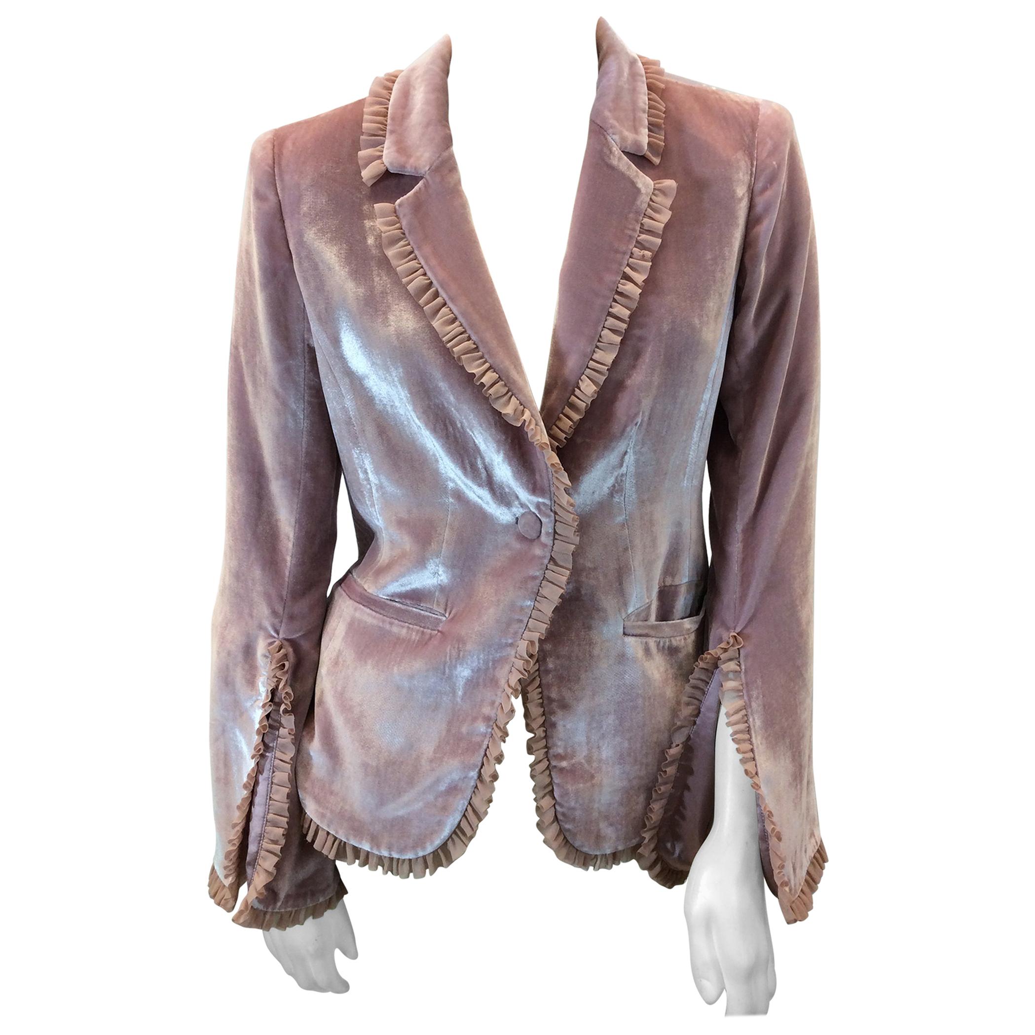 Cinq a Sept Pink Velvet Ruffle Jacket NWT For Sale