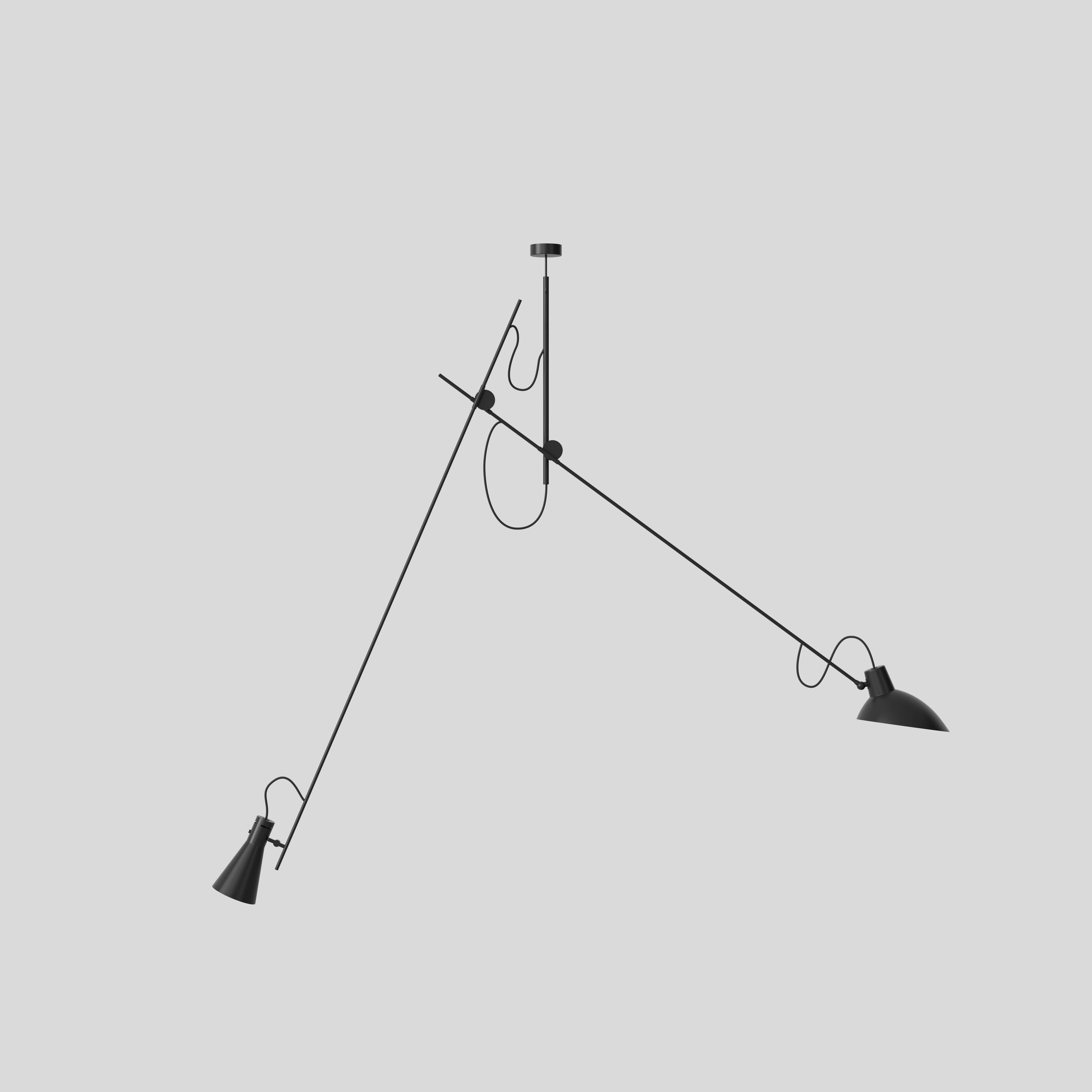 VV Cinquanta suspension lamp
Design by Vittoriano Viganò
This version is with black lacquered reflectors and black frame.

The VV Cinquanta suspension is elegant and versatile with two posable direct light sources.

With a distinctive dual-stemmed