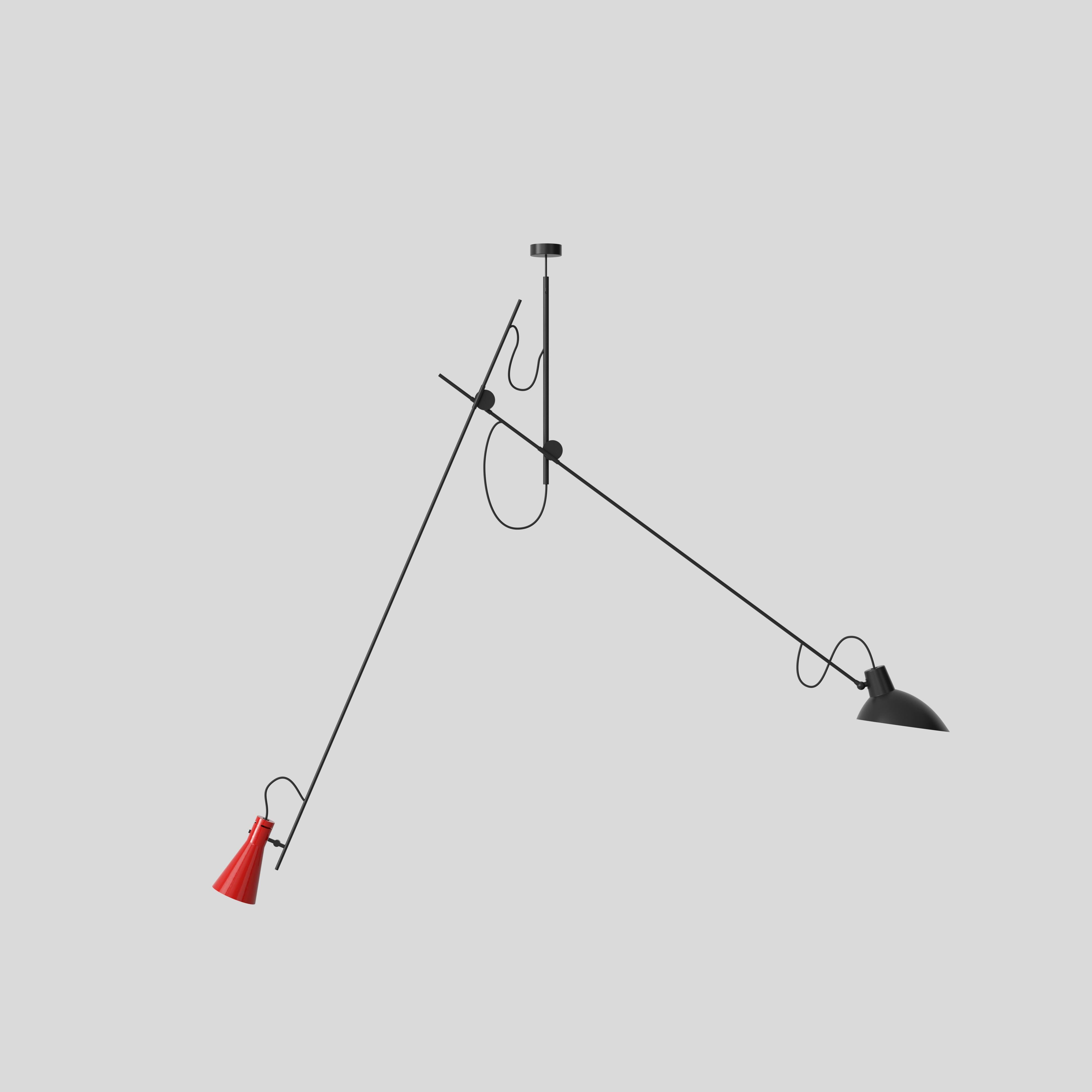 VV Cinquanta Suspension lamp
Design by Vittoriano Viganò
This version is with red and black lacquered reflectors and black frame.

The VV Cinquanta Suspension is elegant and versatile with two posable direct light sources.

With a distinctive