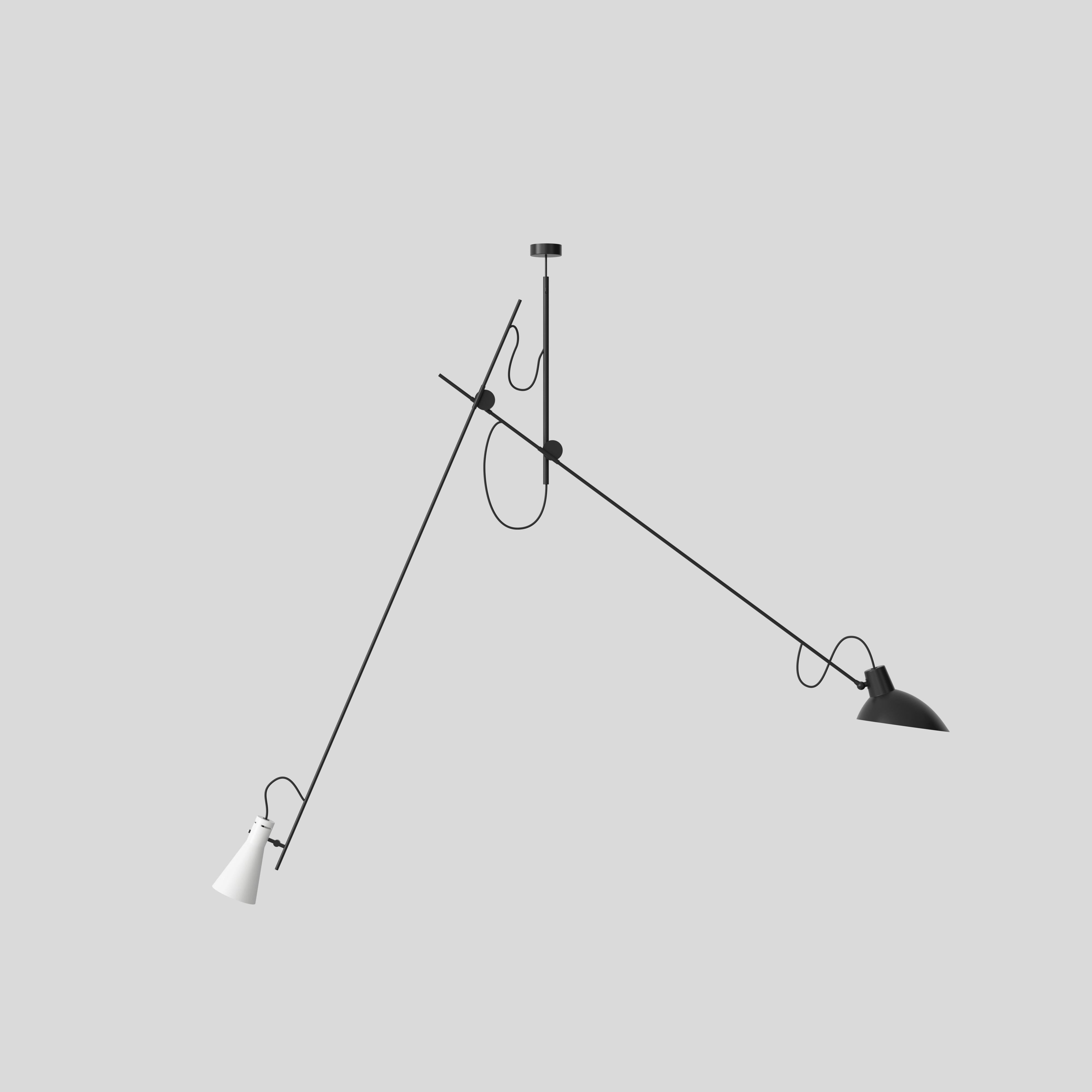 VV Cinquanta Suspension lamp
Design by Vittoriano Vigano
This version is with white and black lacquered reflectors and black frame.

The VV Cinquanta Suspension is elegant and versatile with two posable direct light sources.

With a