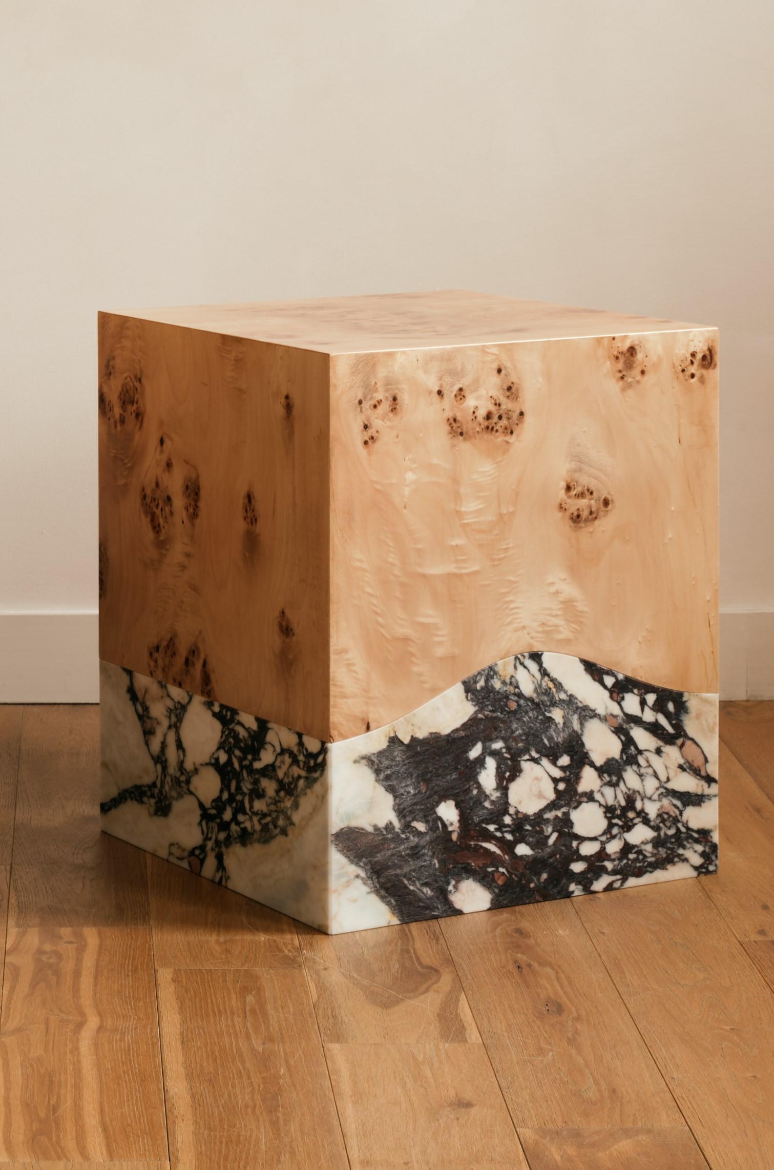 Cinque Terre Side Table by Studio Sam London
Dimensions: W 40 x D 40 x H 50 cm
Materials: Arabescato Viola Marble and Burr Timber

The Cinque Terre side table is inspired by the region of Liguria, where the flavours reflect the scent of the sea and