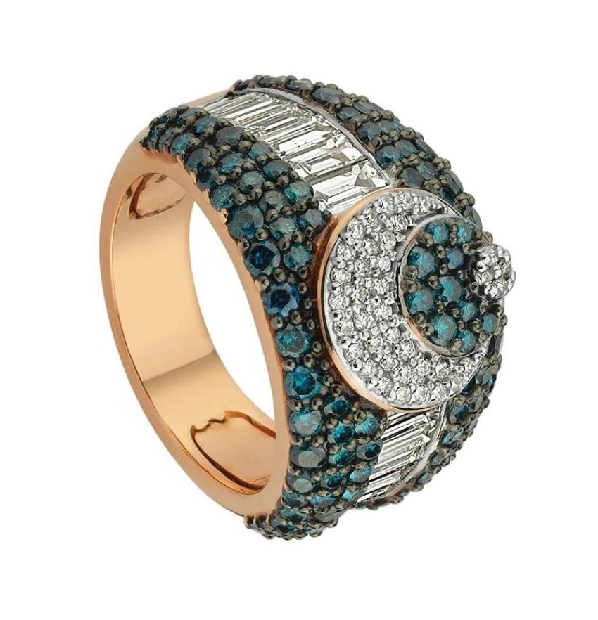 Cintemani 14k Goldring mit blauem/weißem Baguette-Diamant  (Baguetteschliff) im Angebot