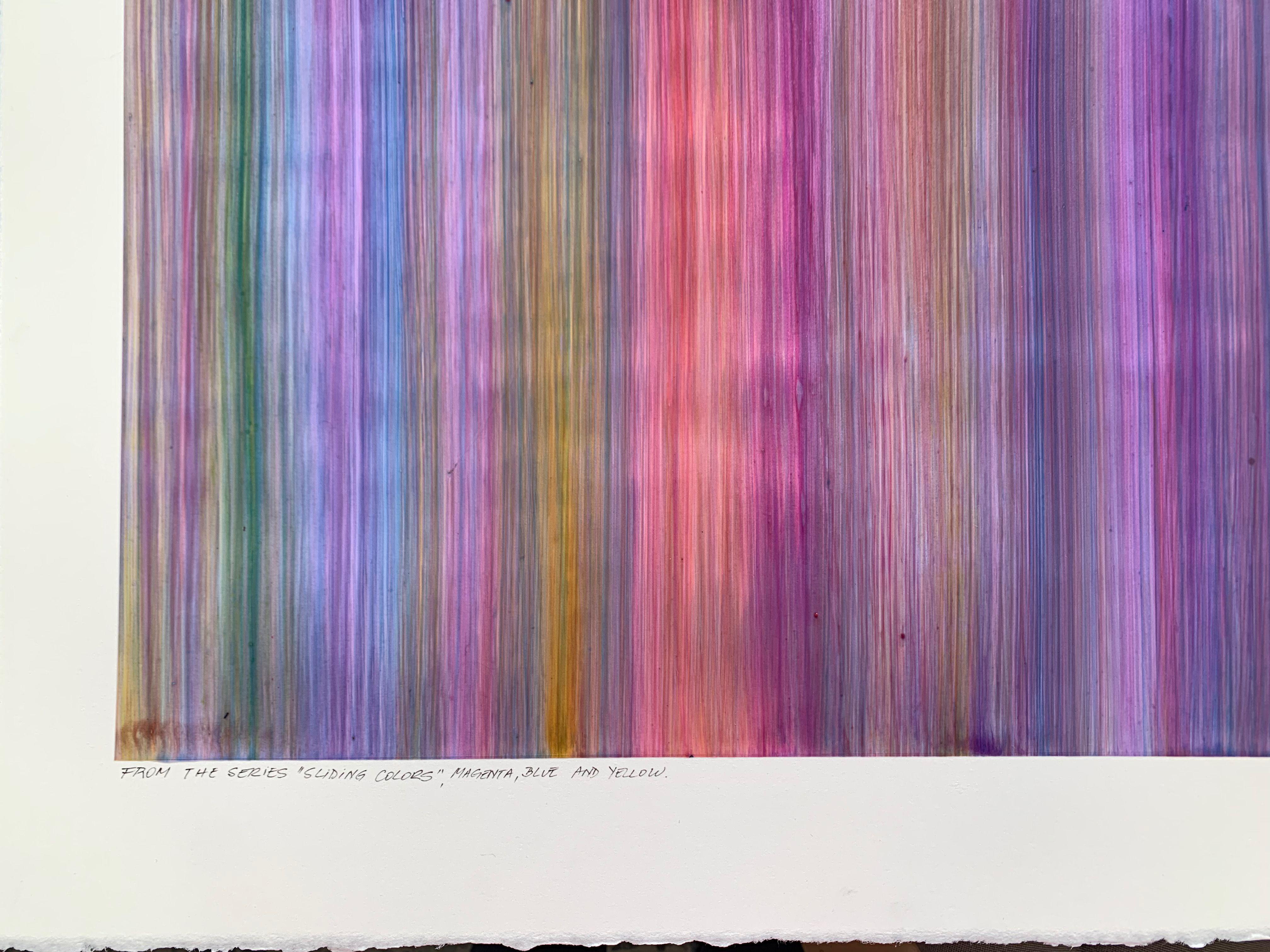 Serie Colores deslizantes, Magenta, Azul y Amarillo, Pintura, Acrílico sobre papel - Painting de Cintia GarcÃ­a