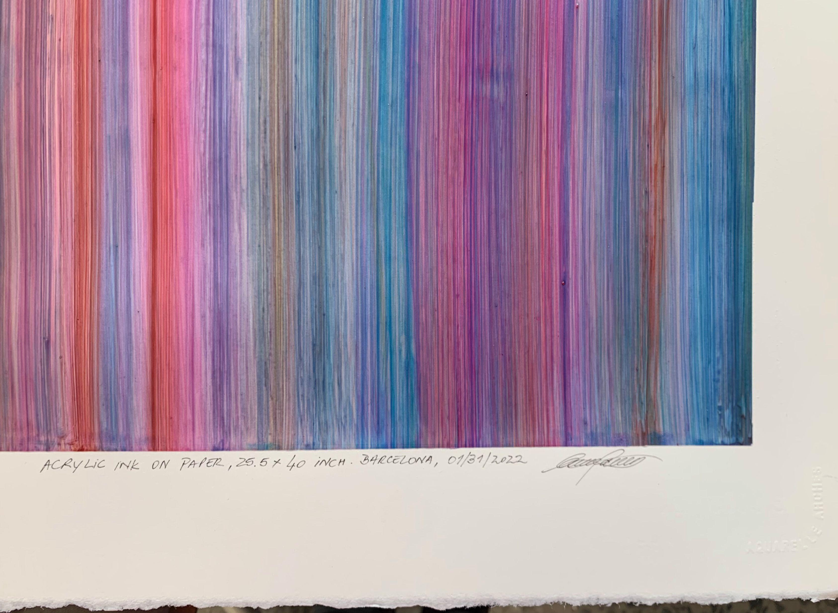 Toda esta serie trata de cómo el color inunda el espacio superior del soporte, la línea se convierte en una manifestación cromática pura, deja de ser el objeto para convertirse en un medio. El campo blanco inferior equilibra el estallido de color y