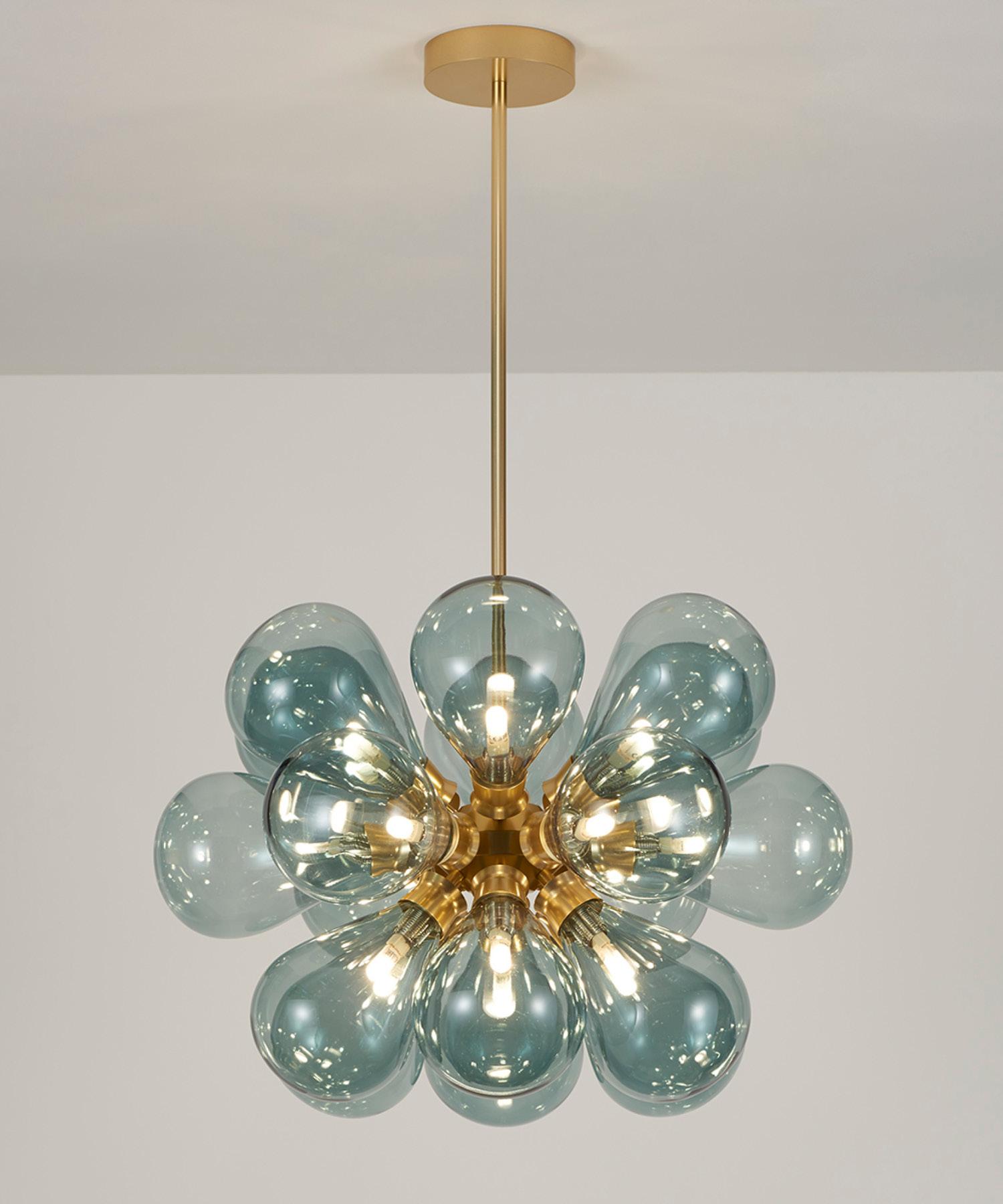 British Cintola Maxi Pendant in Satin Gold with 18 Handblown Smoke Grey Glass Globes For Sale