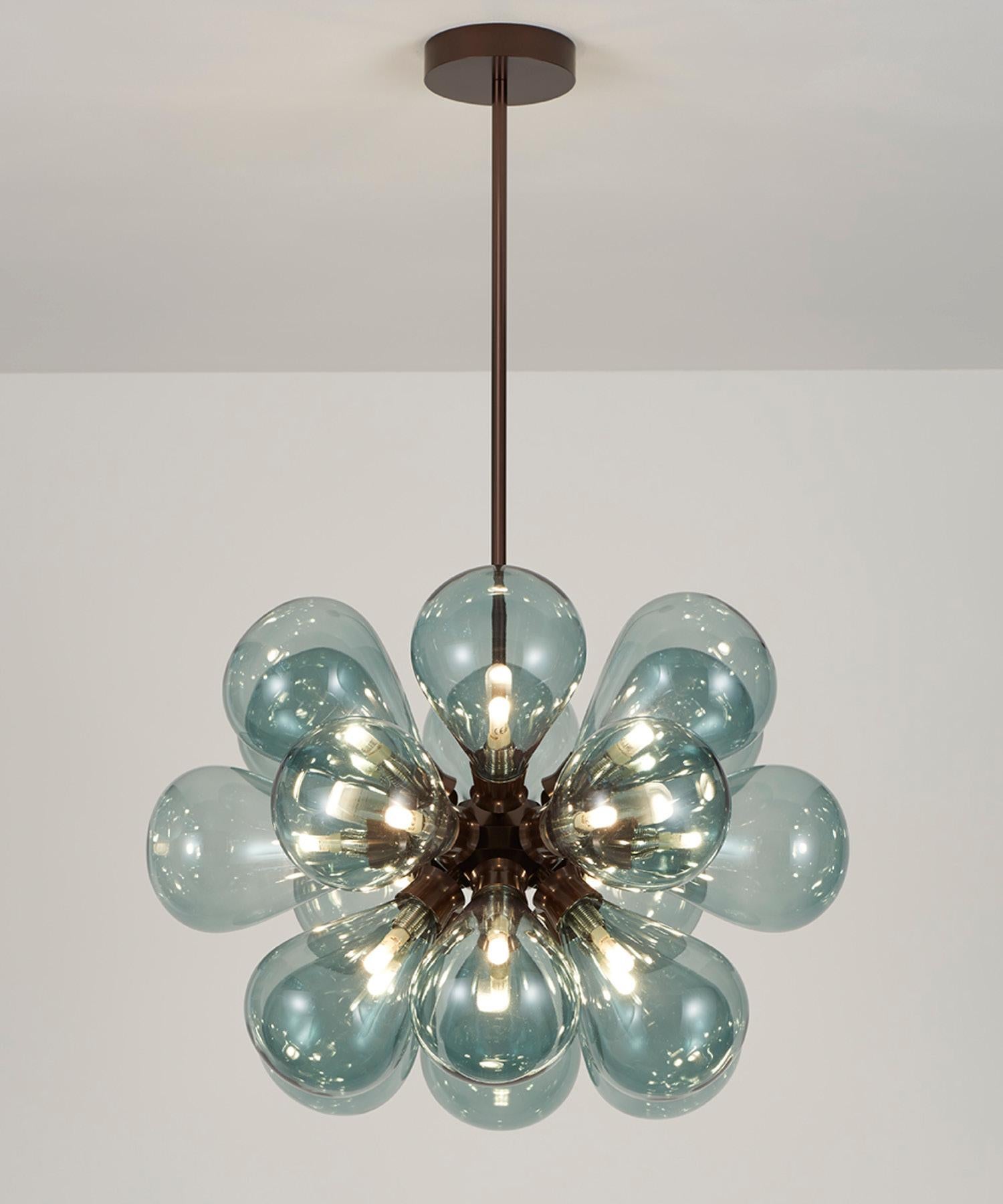 Anodized Cintola Maxi Pendant in Satin Gold with 18 Handblown Smoke Grey Glass Globes For Sale