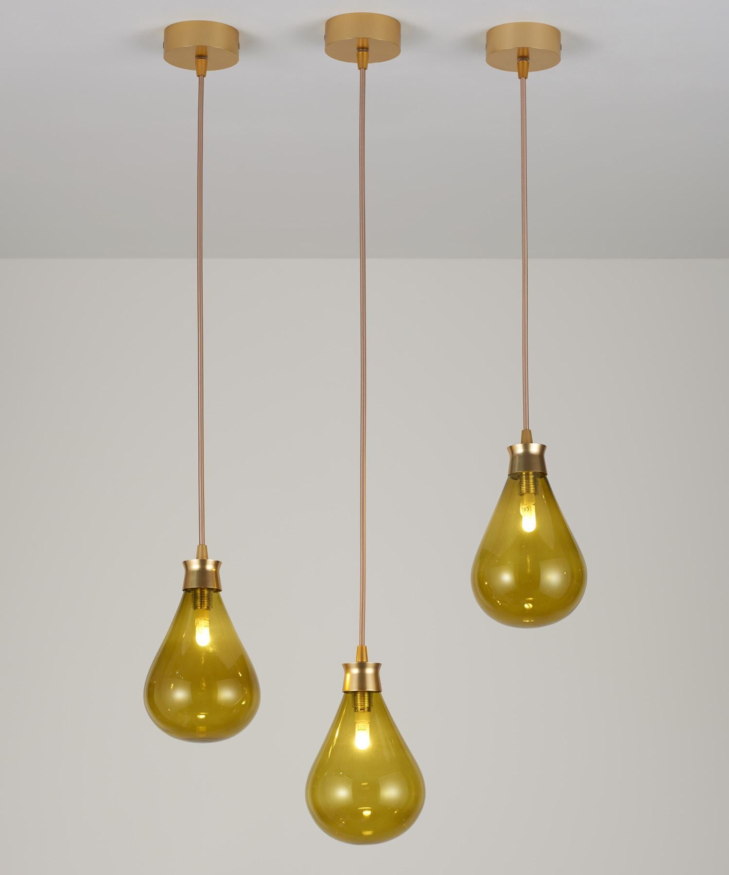 British Cintola Pendant in Satin Gold with Olive Glass by Tom Kirk For Sale