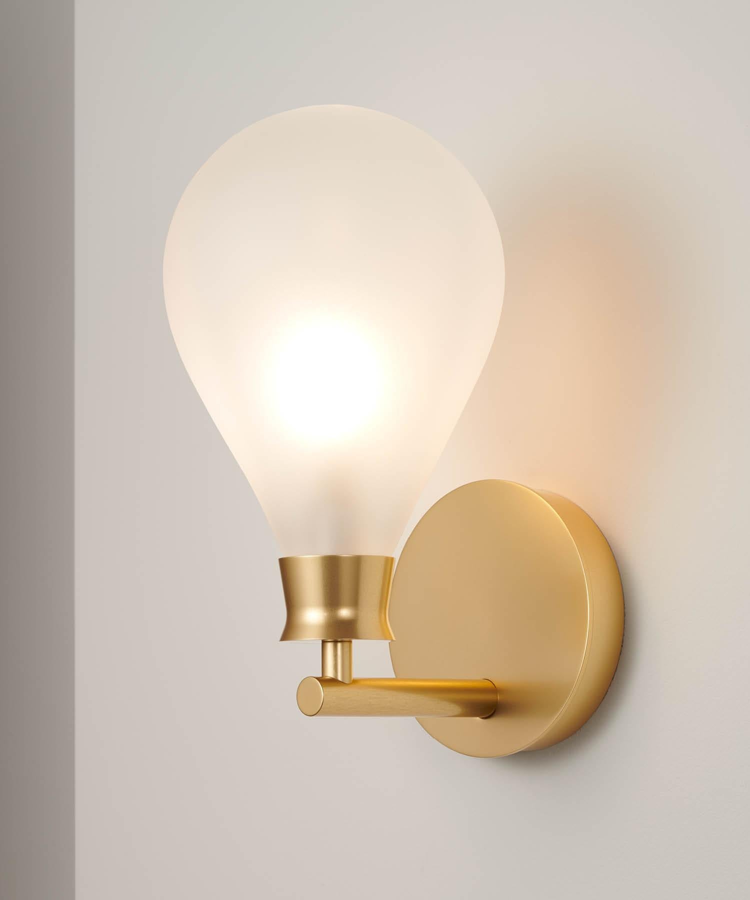 British Cintola Wall Light in Satin Gold with Frosted Handblown Glass Globe For Sale