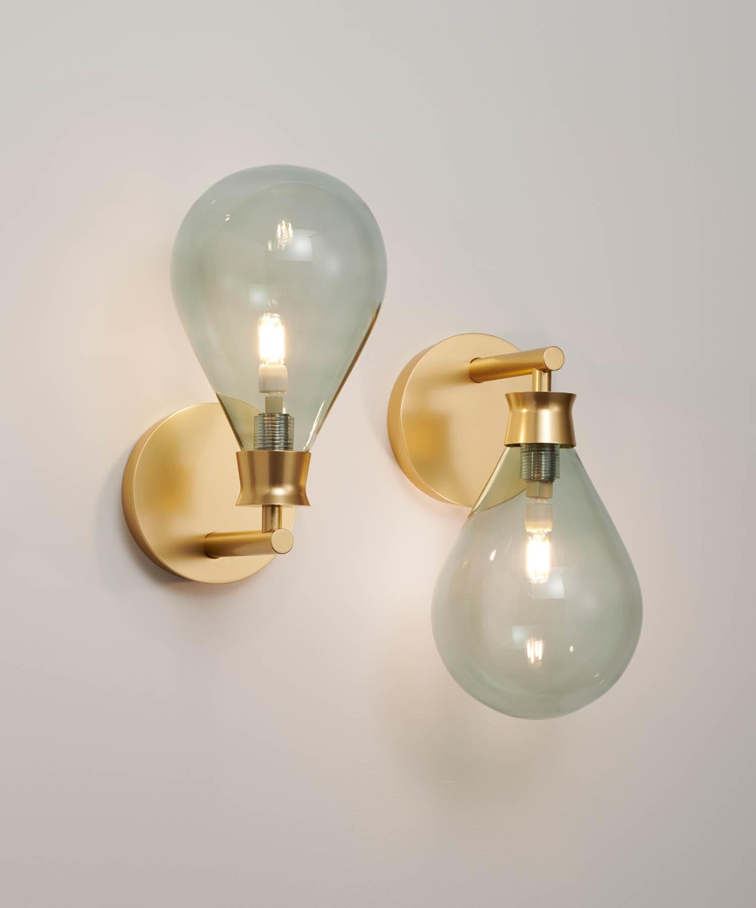 British Cintola Wall Light in Satin Gold with Smoke Grey Handblown Glass Globe For Sale