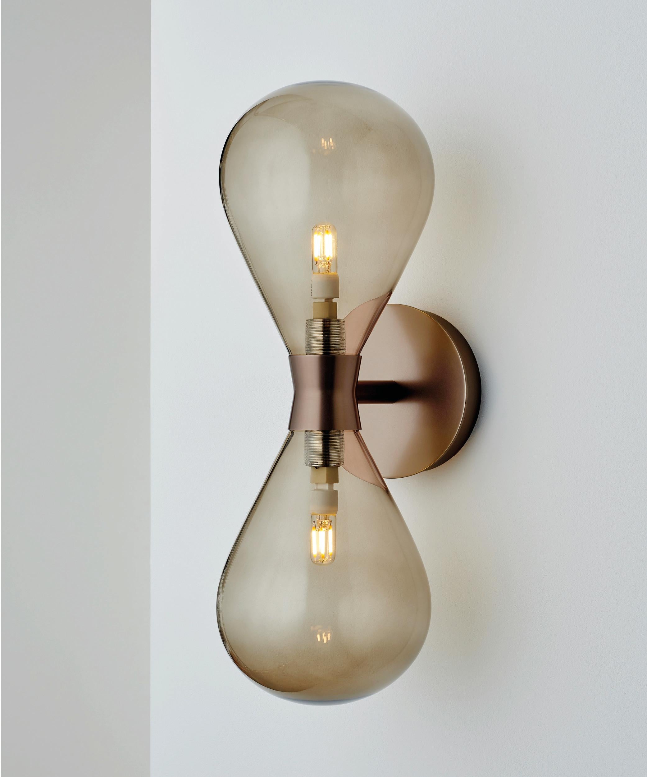 British Cintola Wall Light Twin in Polished Aluminium with Bronze Handblown Glass Globes For Sale