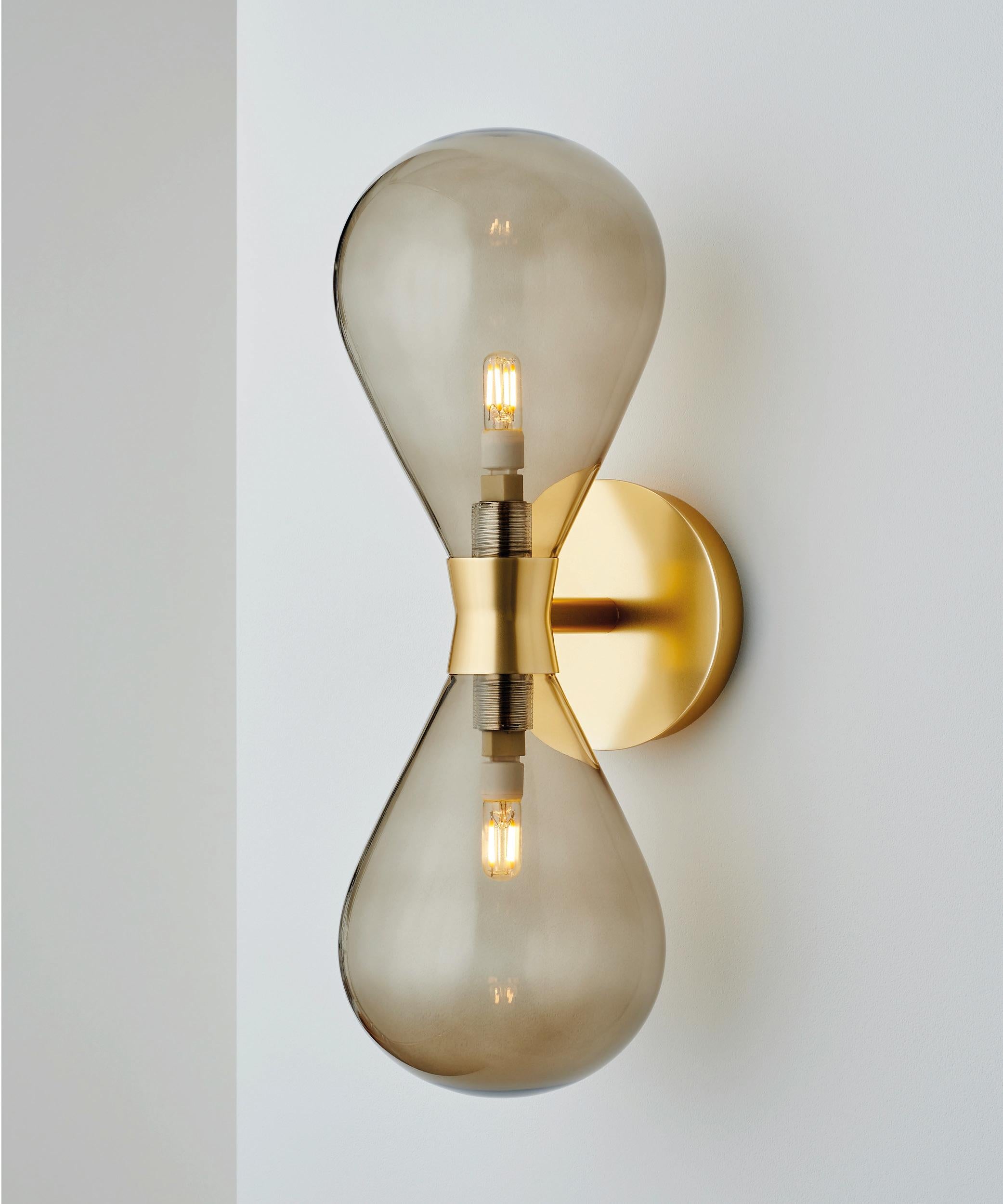 Contemporary Cintola Wall Light Twin in Polished Aluminium with Bronze Handblown Glass Globes For Sale
