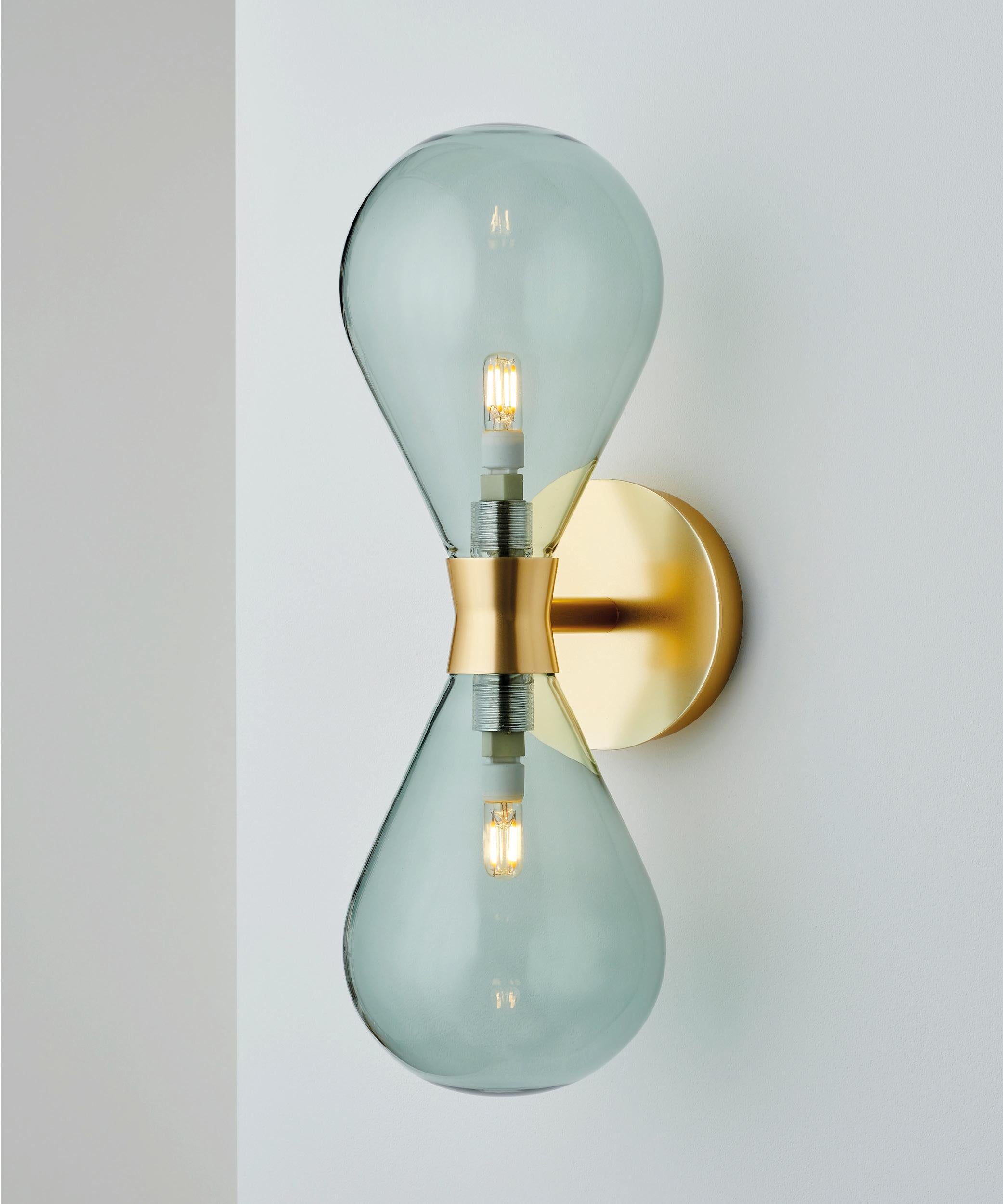 Cintola Wall Light Twin in Polished Aluminium with Bronze Handblown Glass Globes For Sale 1