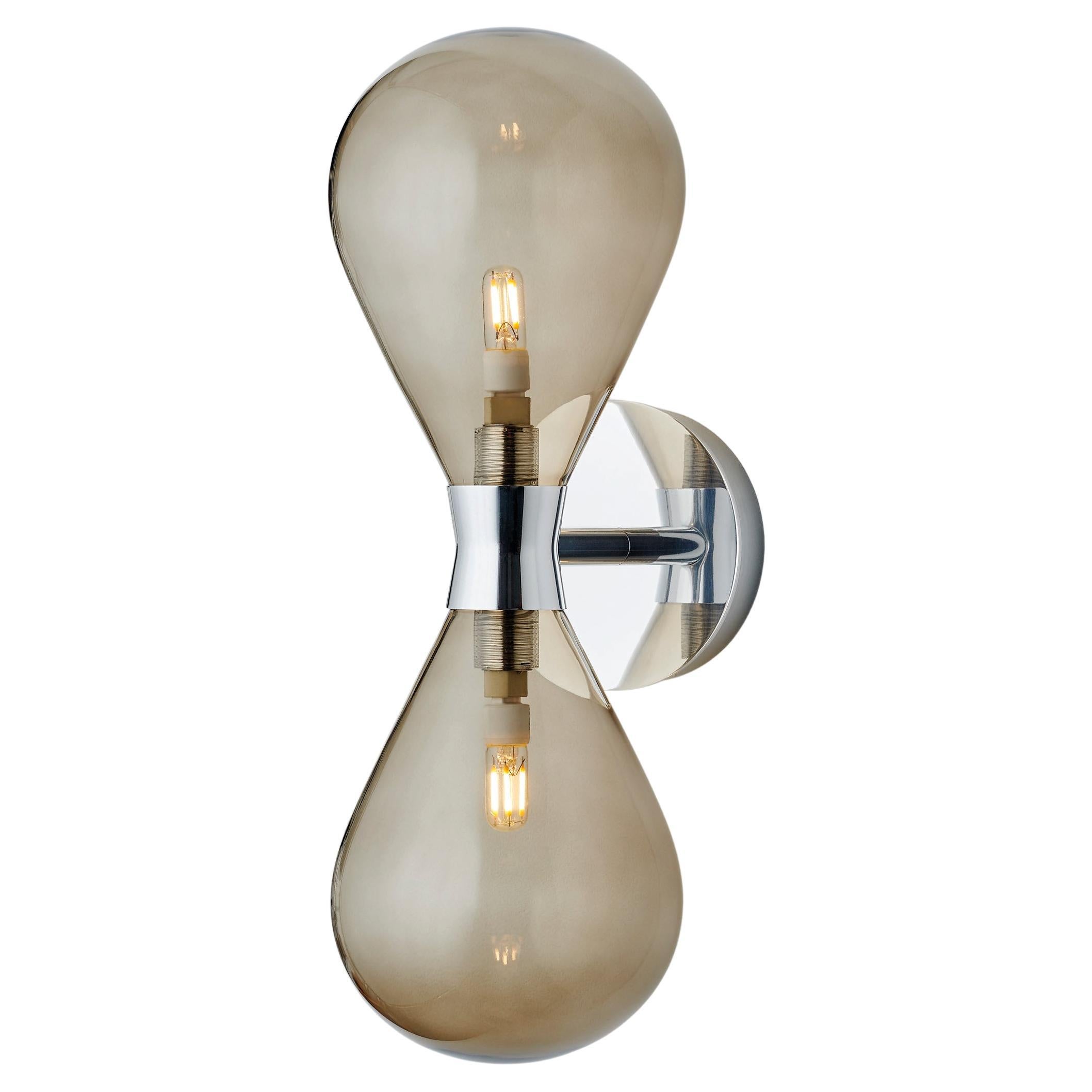Cintola Wall Light Twin in Polished Aluminium with Bronze Handblown Glass Globes For Sale