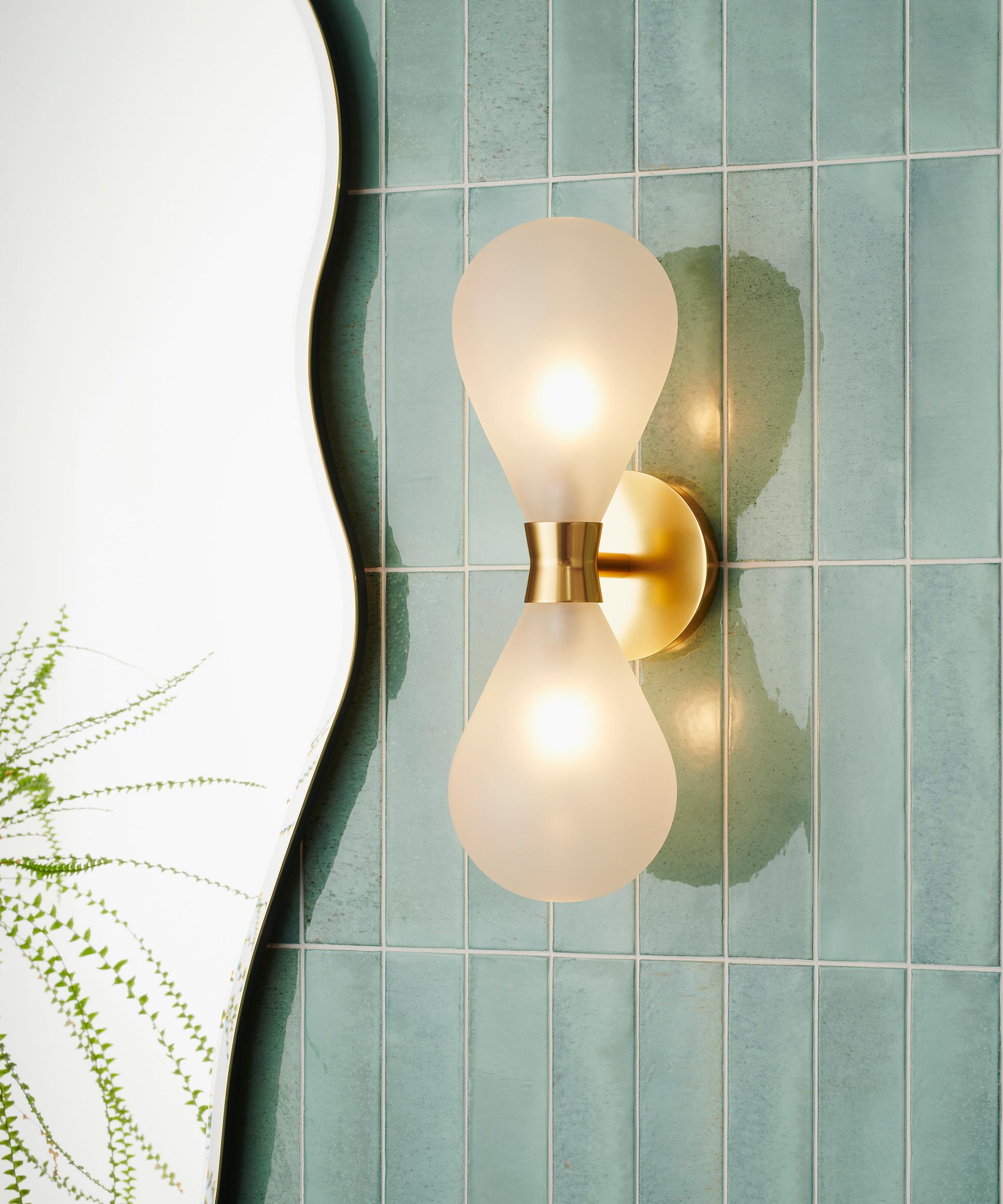 Cintola Wall Light Twin in Satin Bronze with Frosted Handblown Glass Globes For Sale 4