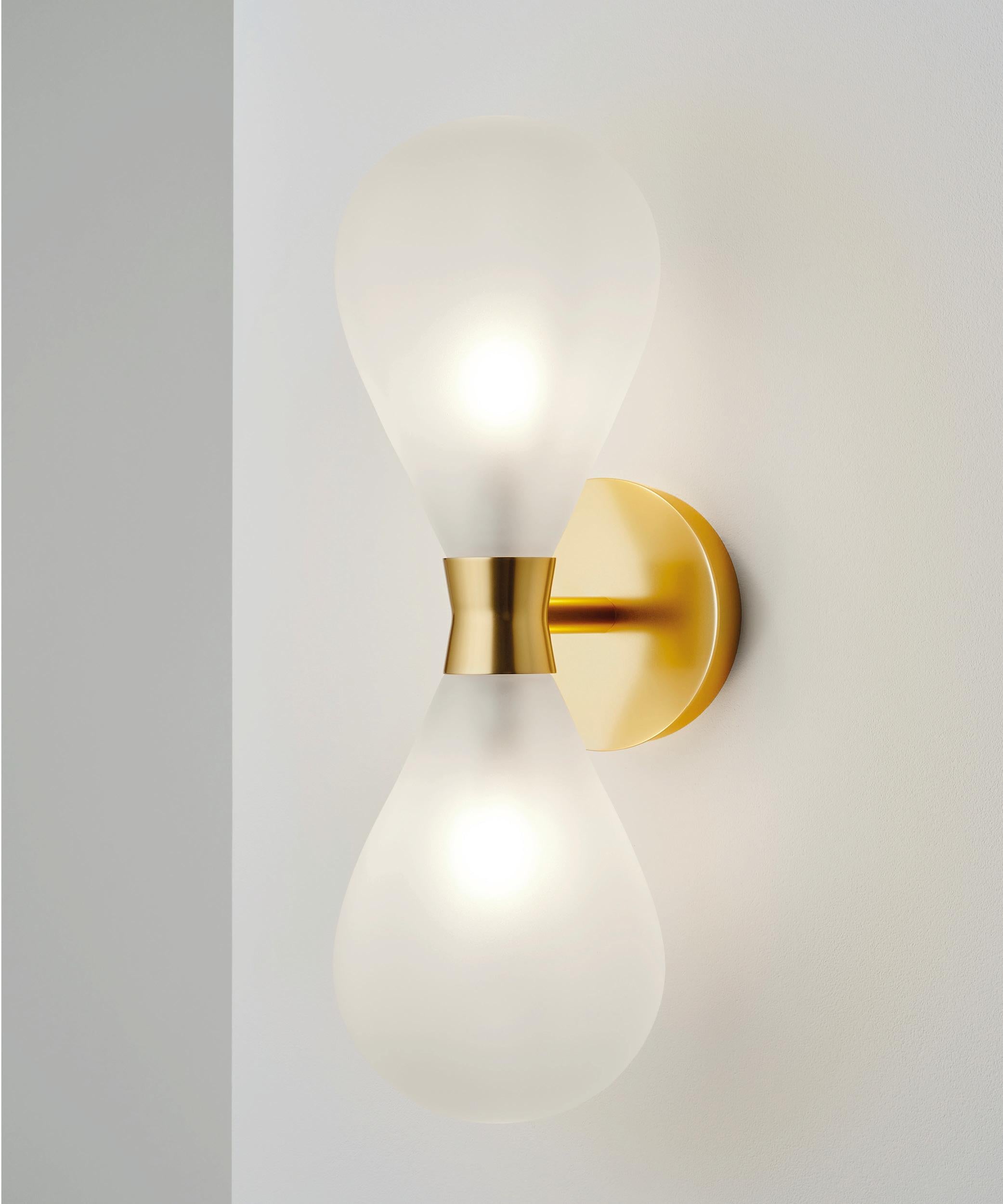 Metalwork Cintola Wall Light Twin in Satin Bronze with Frosted Handblown Glass Globes For Sale