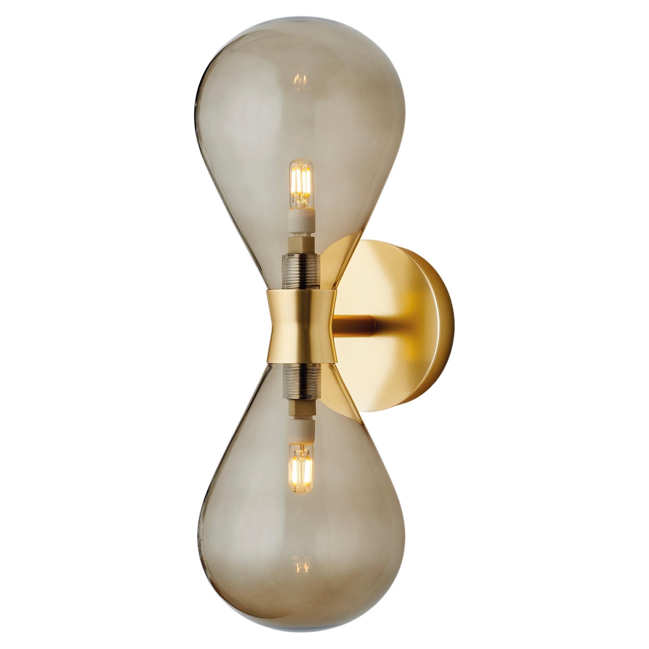 Cintola Wall Light Twin in Satin Gold with Bronze Handblown Glass Globes For Sale